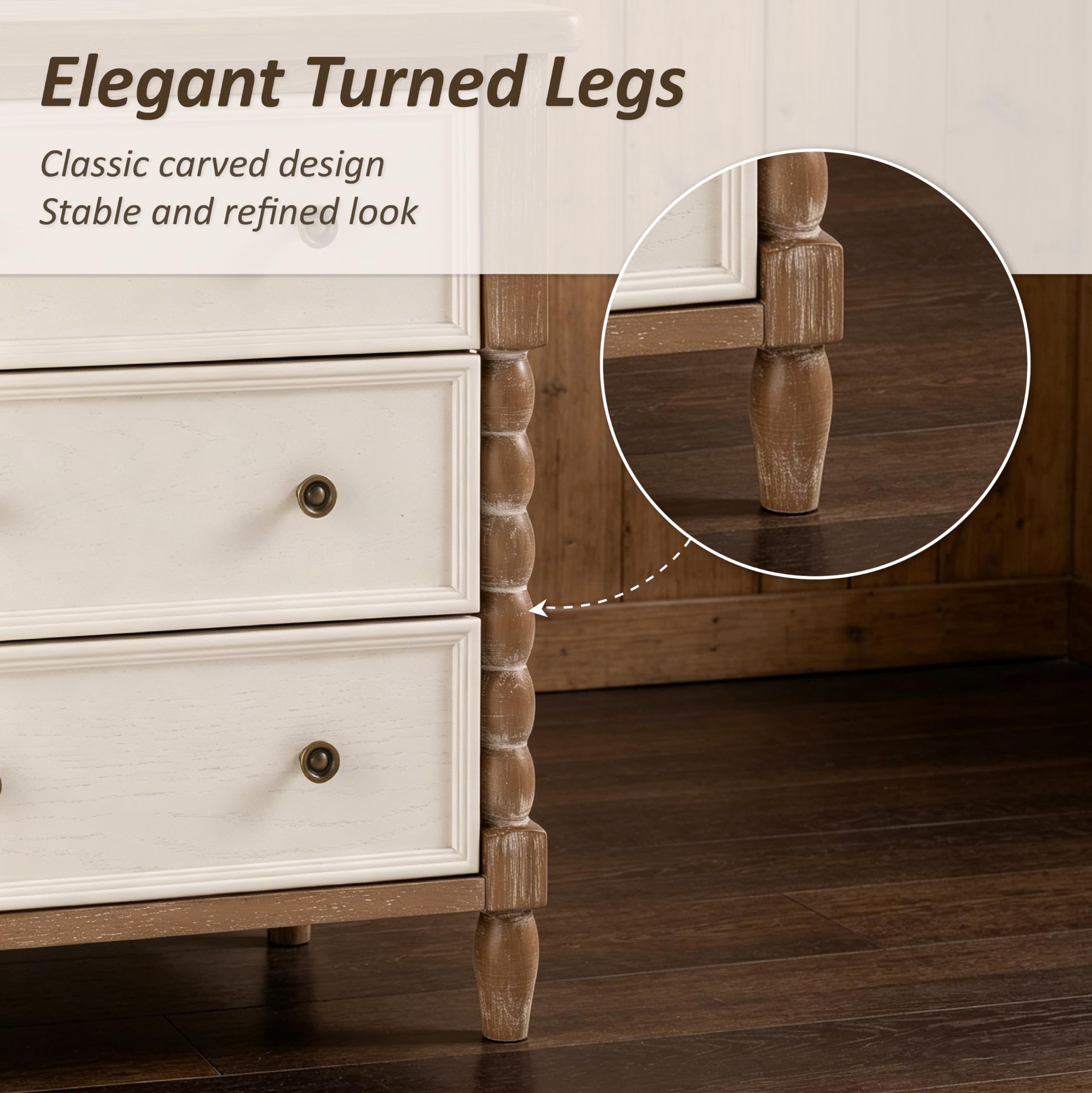 COZAYH Farmhouse 3-Drawer Dresser, Rustic Wood Chest with Turned Legs, Vintage Nightstand Storage Cabinet for Bedroom, Distressed Natural & White Finish, Almost Fully Assembled