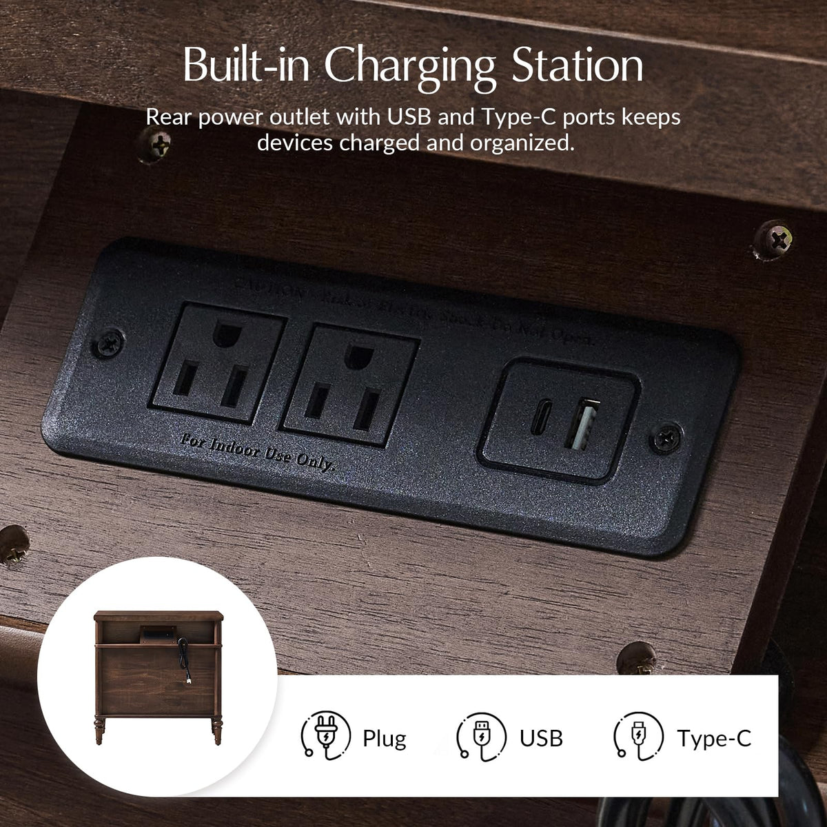 HULALA HOME Traditional Nightstand with Charging Station, Auburn, Set of 2