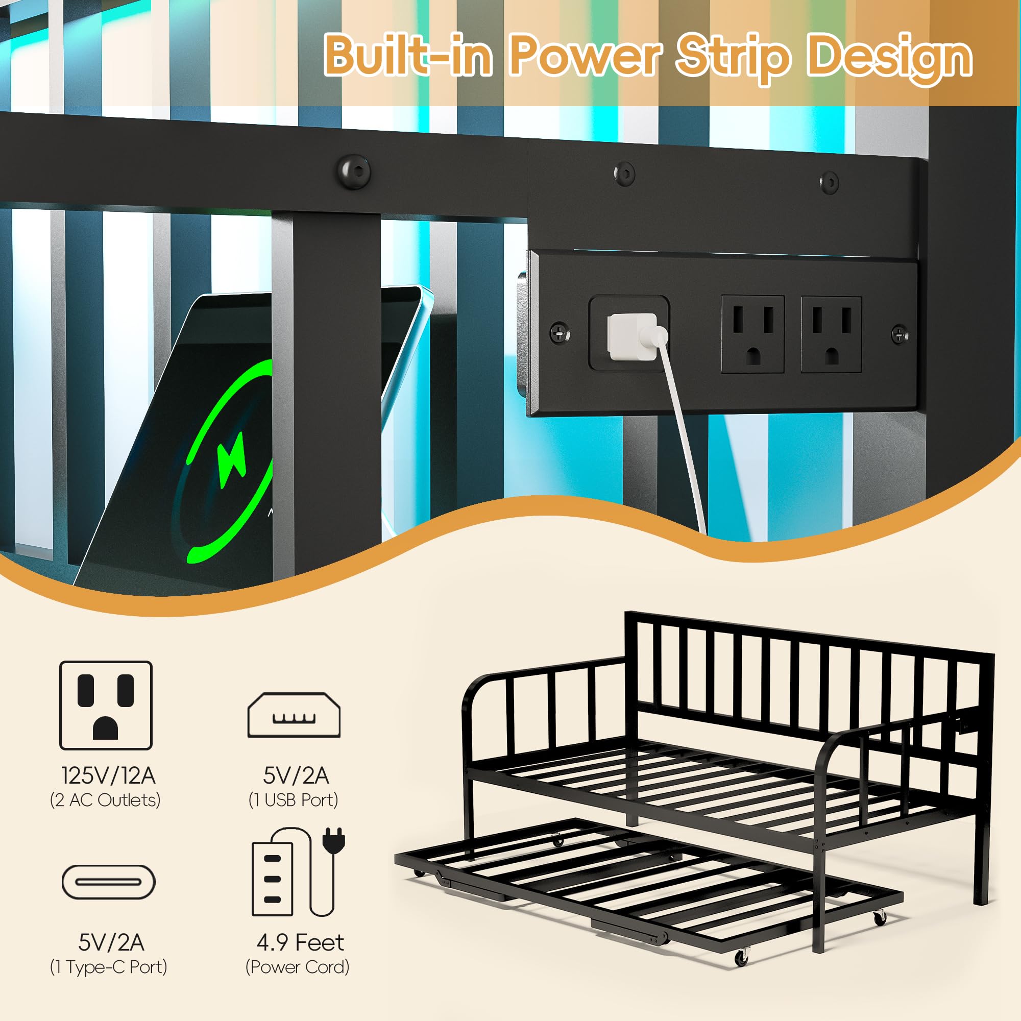 Twin Daybed with Pop-Up Trundle & LED Lights