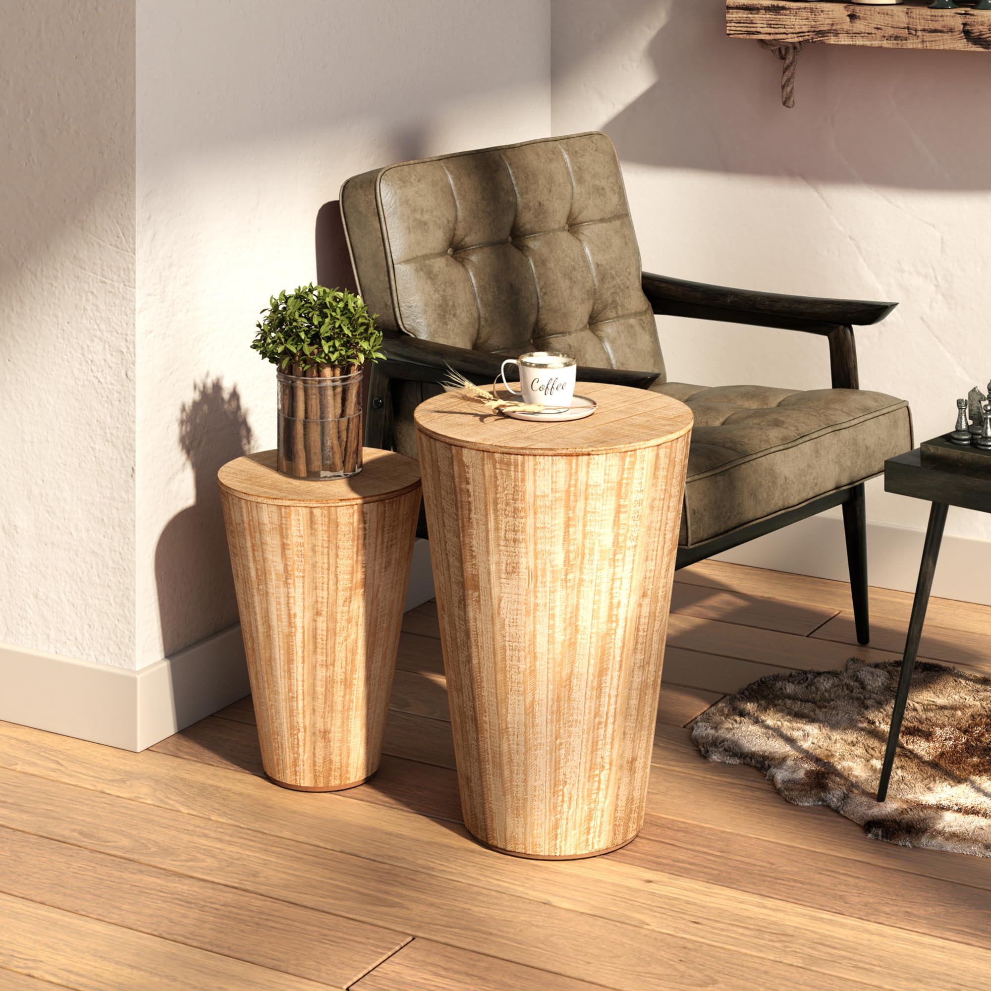 Farmhouse Barrel Side Tables with Storage, Set of 2