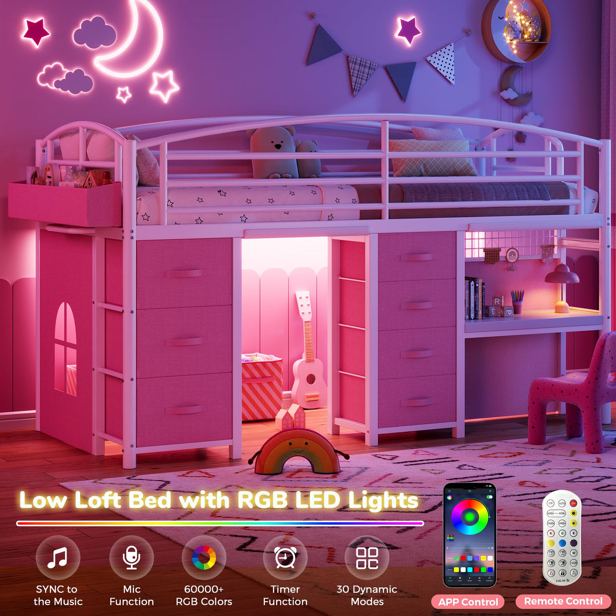 Low Loft Bed Twin Size with 7 Storage Drawers, Desk and LED Lights, Heavy Duty Metal Kids Loft Bed with 13.8" H Safety Guardrail, Anti-Collision Pad, Private Play Curtain, Under-Bed Play Space - Pink