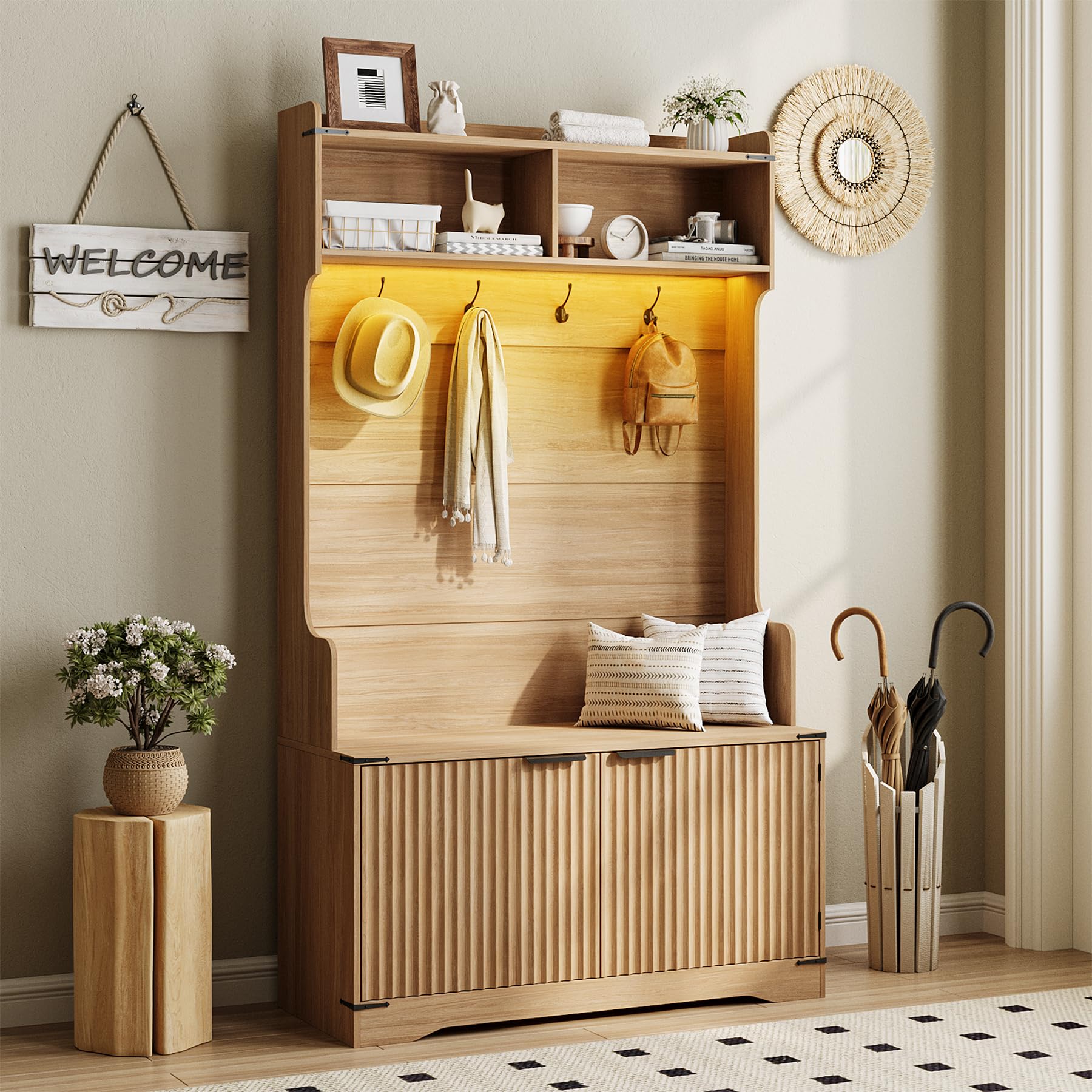 5-in-1 Farmhouse Hall Tree with Bench, Shoe Storage & LED Lights