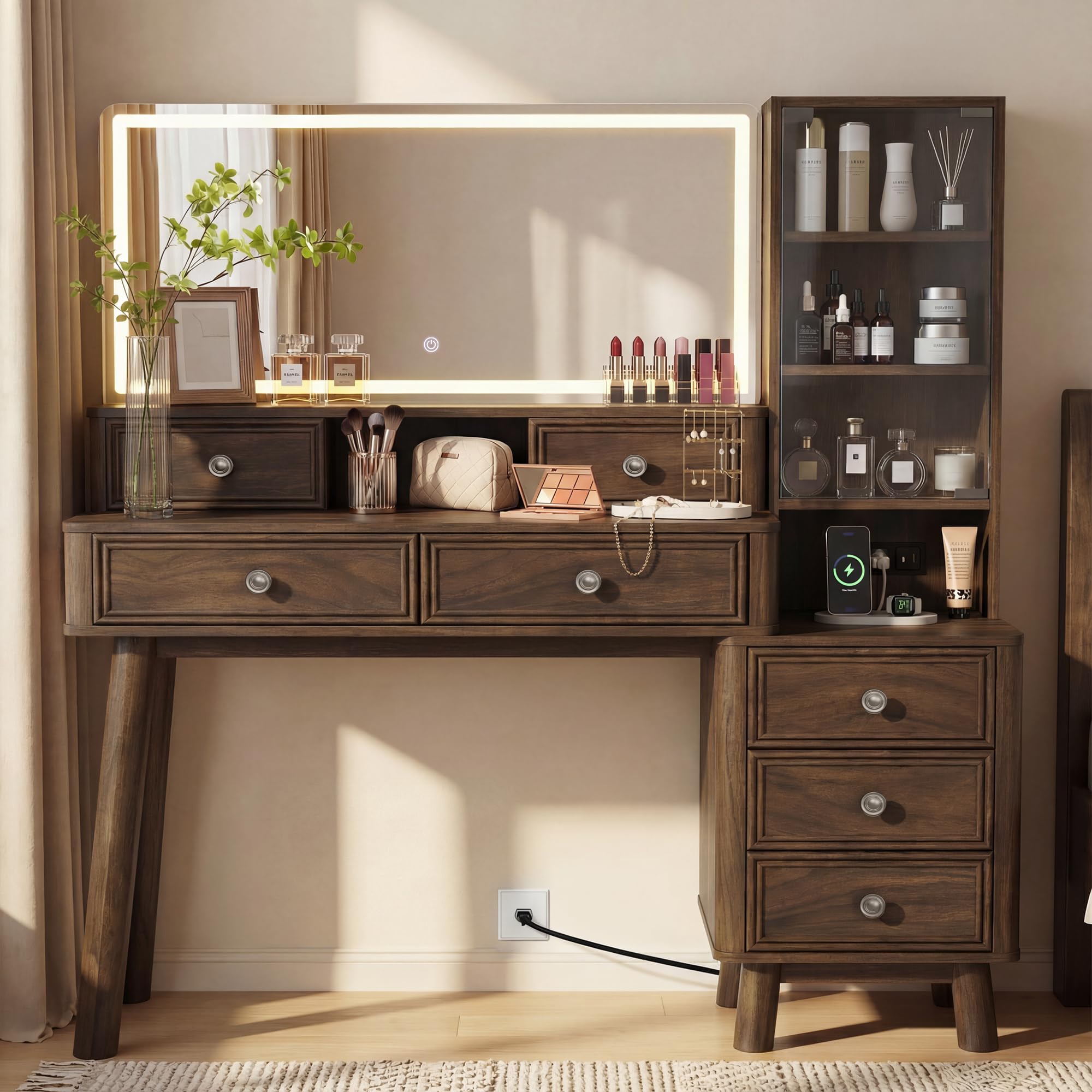 Furmax 48" Makeup Vanity Desk with Large Mirror and Lights,Big Wood Vanity Table with 5 Drawers＆Glass Storage Cabinet with Adjustable Shelves,Dressing Table with Charging Station for Bedroom (Walnut)