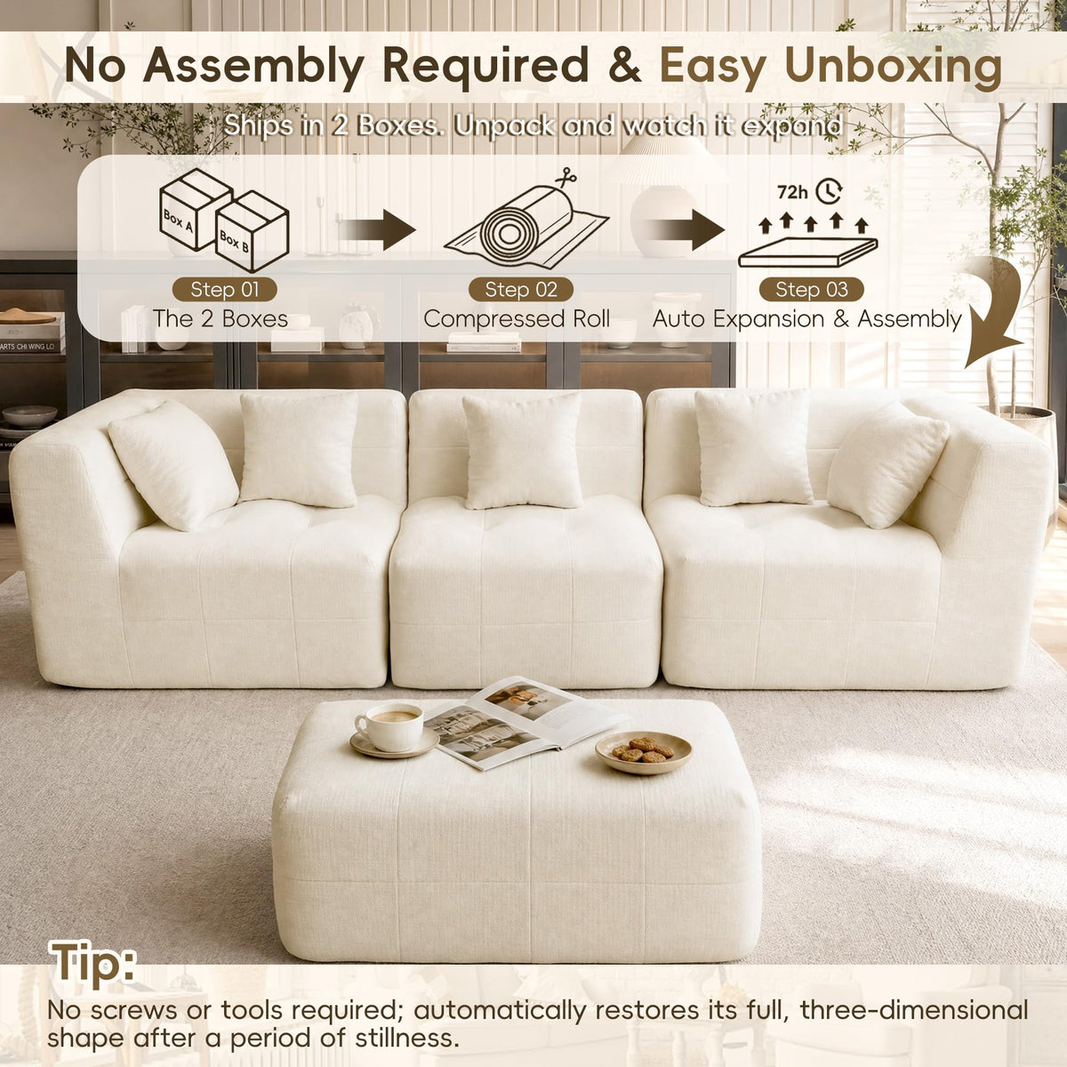 XVD 110" Boneless Couch, Modular Sectional Sofa with Deep Seat, Off White