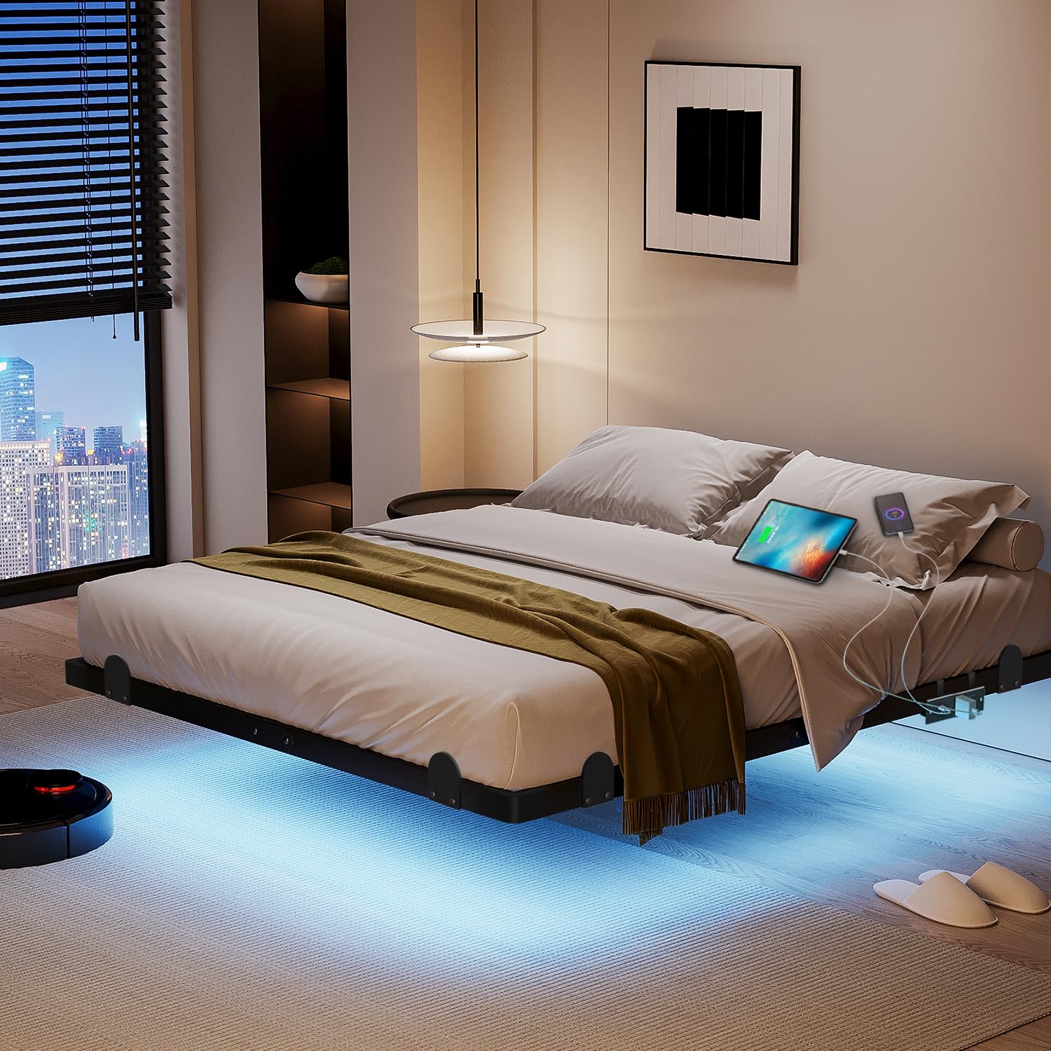qimamo Floating Queen Bed Frame, 14 Inch Metal Platform Bed with Smart LED Lights & Charging Station, Easy Assembly, No Box Spring Needed