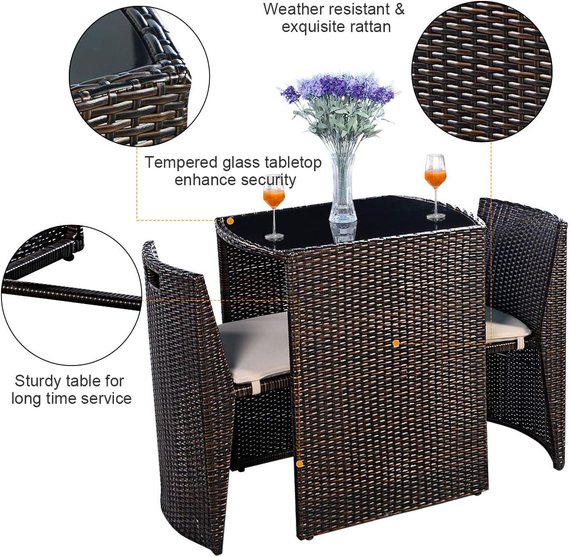 3-Piece Cushioned Wicker Patio Bistro Set
