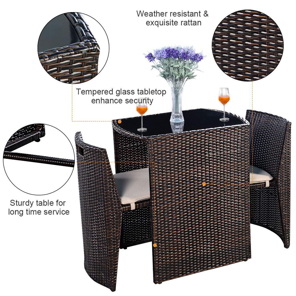 3-Piece Cushioned Wicker Patio Bistro Set