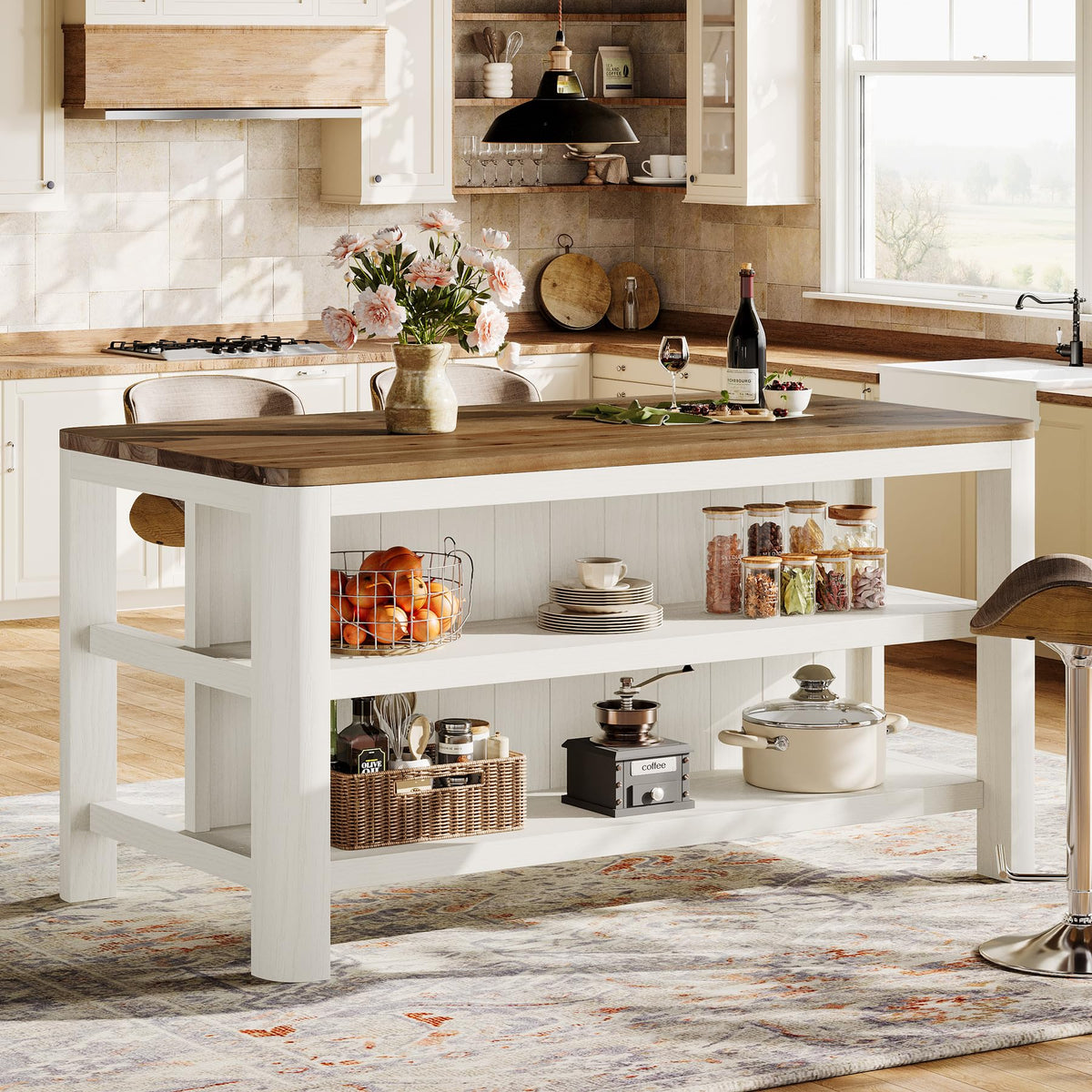 Solid Wood Kitchen Island with Shelves