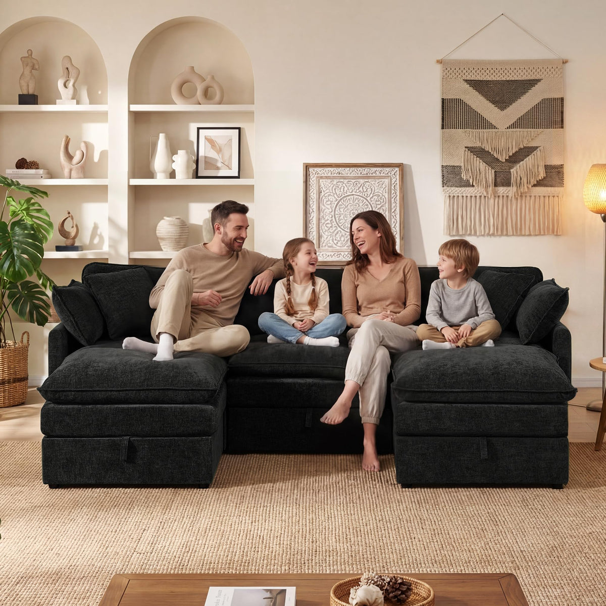 WorthFurni Modular Sectional Sofa with Storage Ottomans,103" U-Shaped Cloud Couch,Comfy Modern Couches with Pillows & Upholstered Deep Seat Cushion for Apartment Living Room Bedroom（Black）