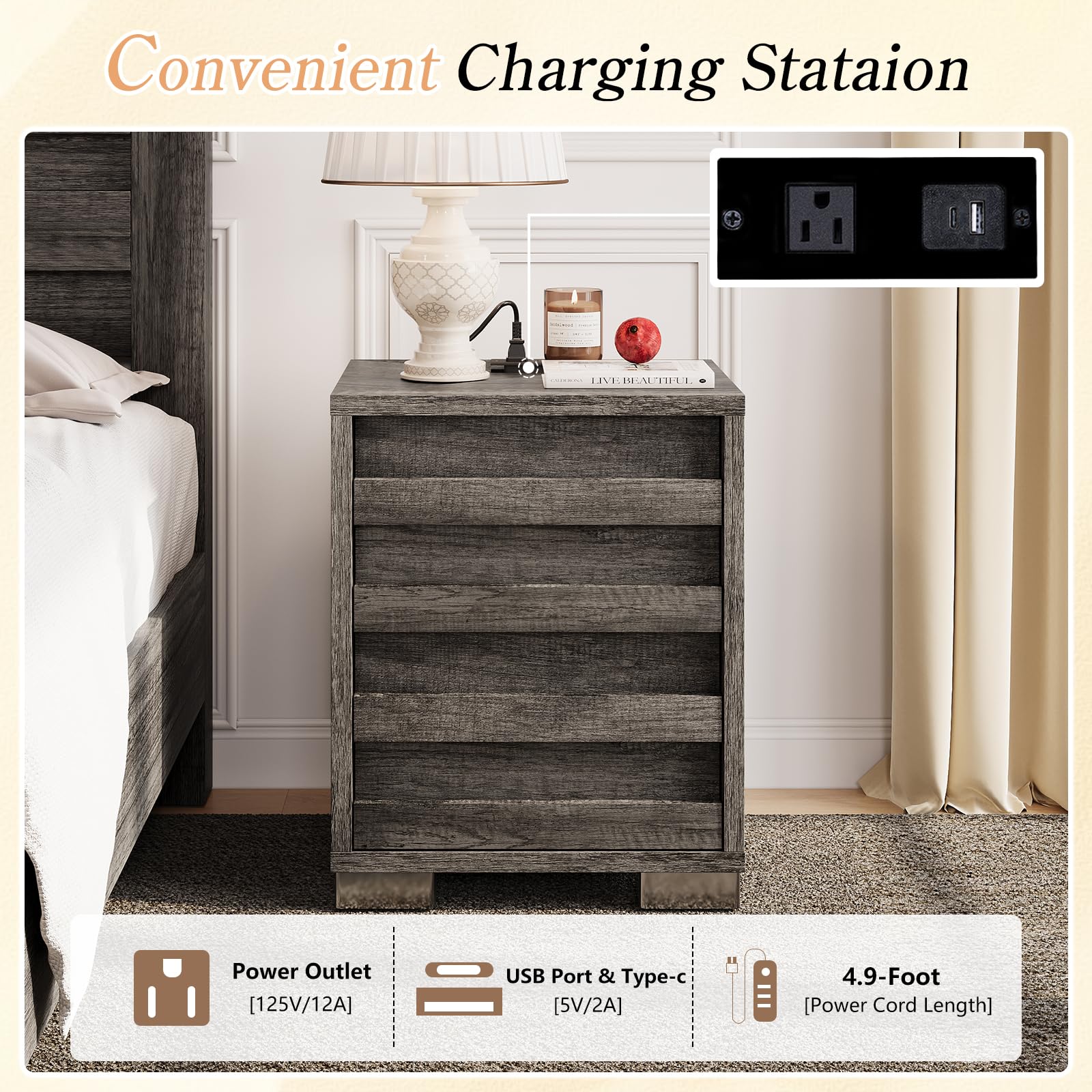 LUXOAK End Table Set of 2 with Charging Station, Farmhouse Side Table with Slated Handles, Nightstands with Stainless Steel Feet for Bedroom & Living Room, Rustic Grey