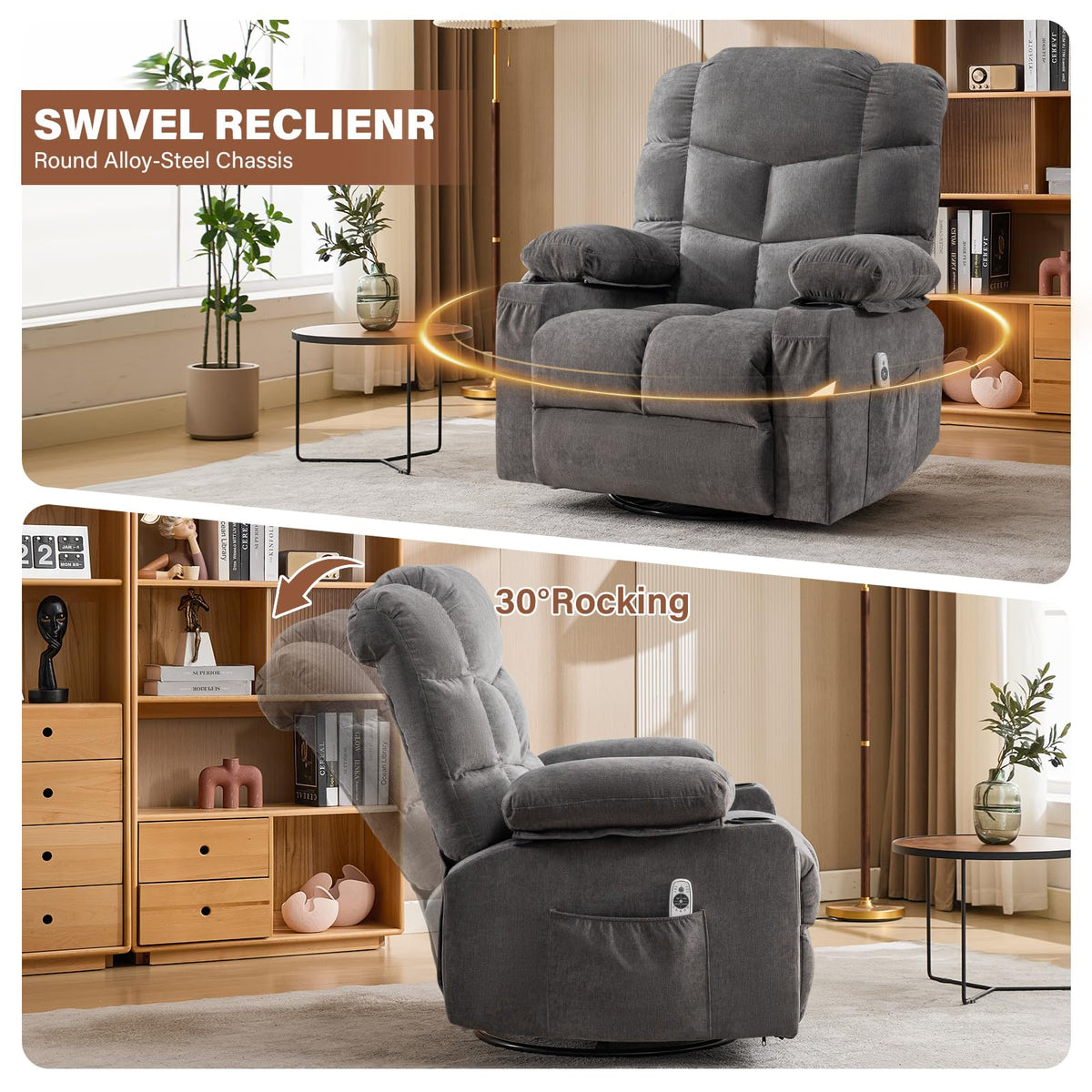 Oversized Swivel Rocker Recliner Chair with Massage and Heat for Adults