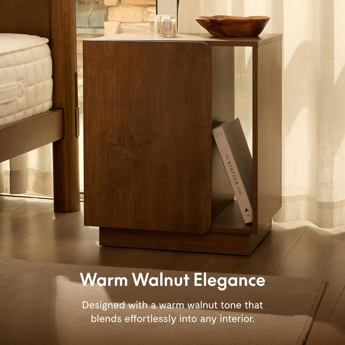 FLEXISPOT Mid-Century Modern Nightstand with Charging Station, Walnut, Left