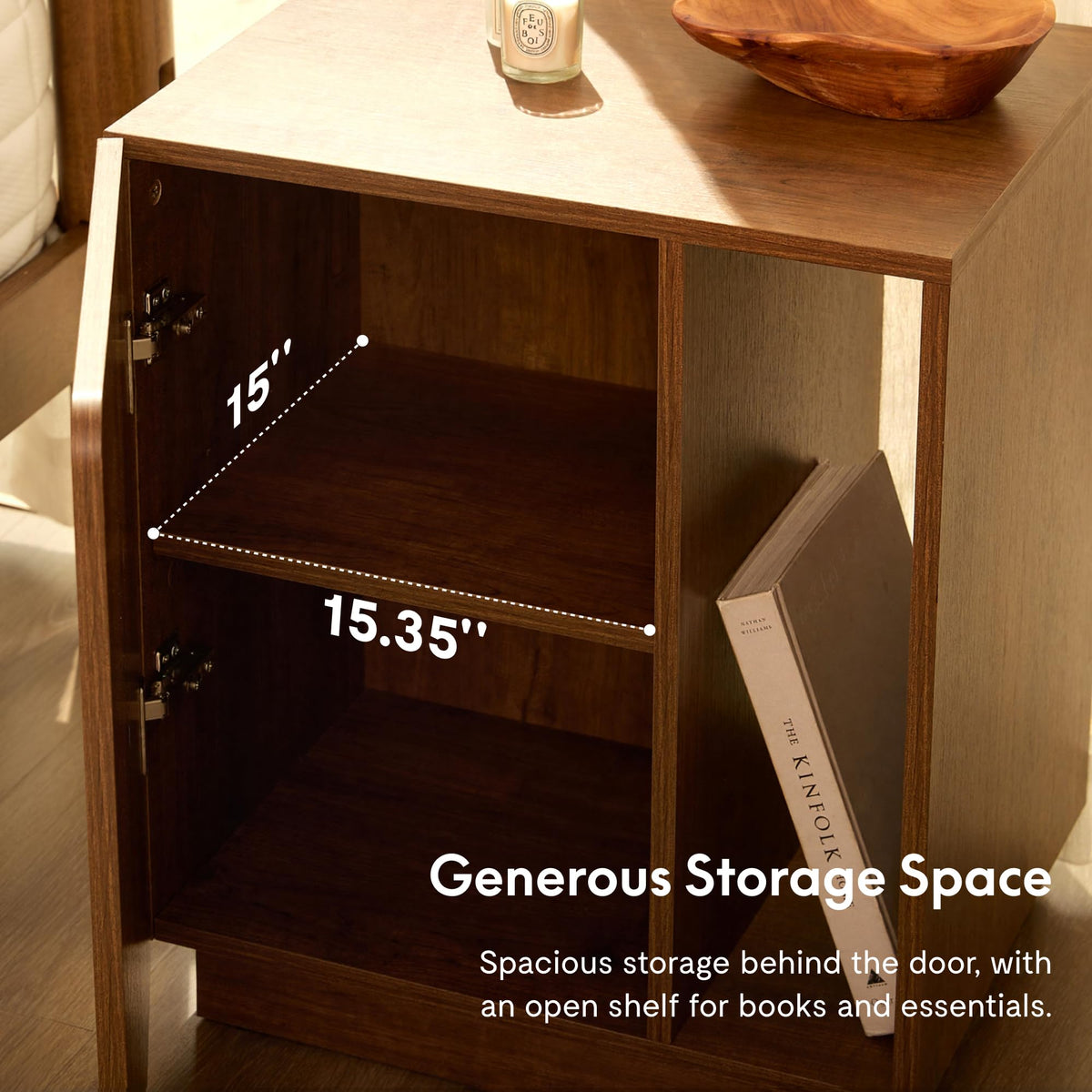 FLEXISPOT Mid-Century Modern Nightstand with Charging Station, Walnut, Left