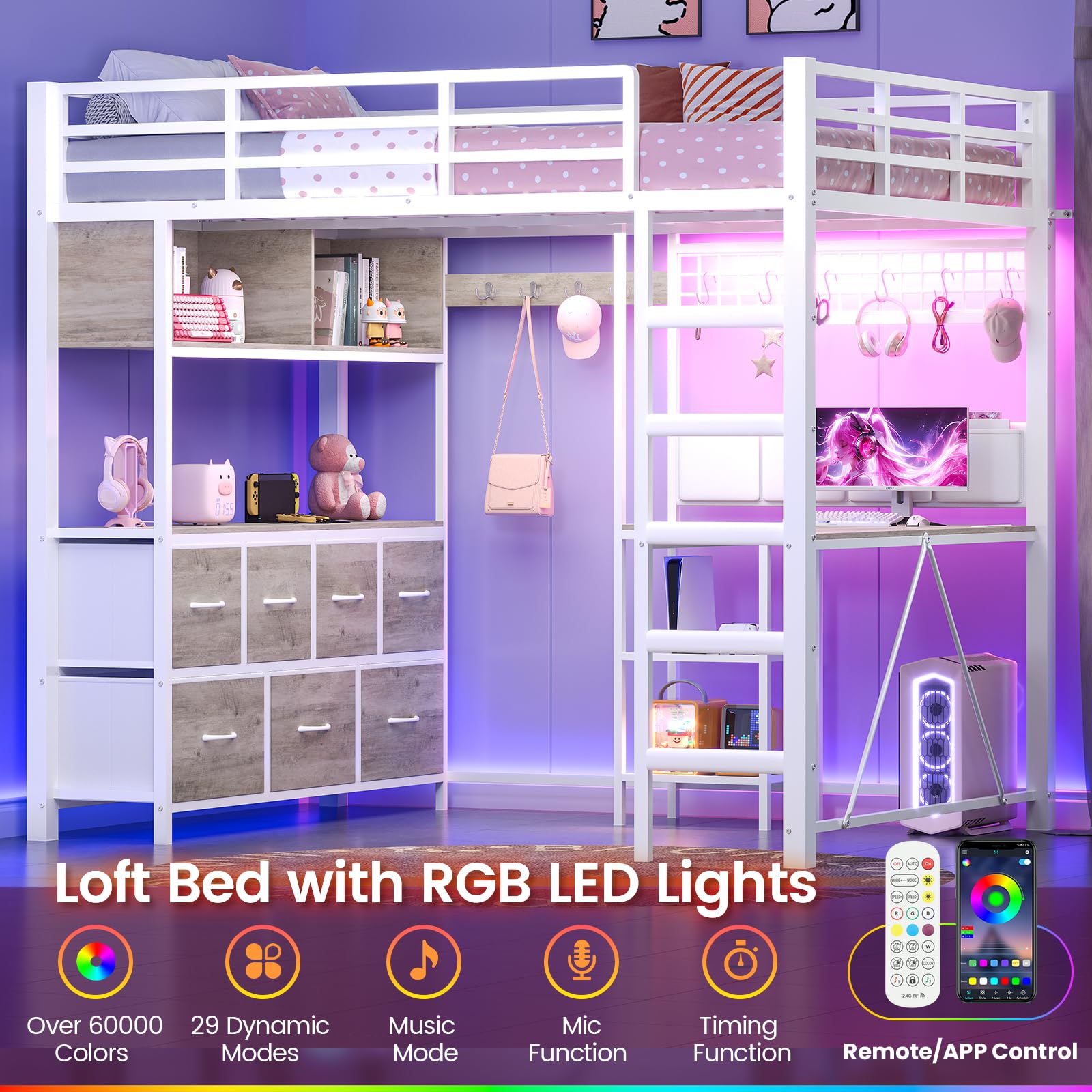Full Size Loft Bed with Desk, Drawers & LED Lights