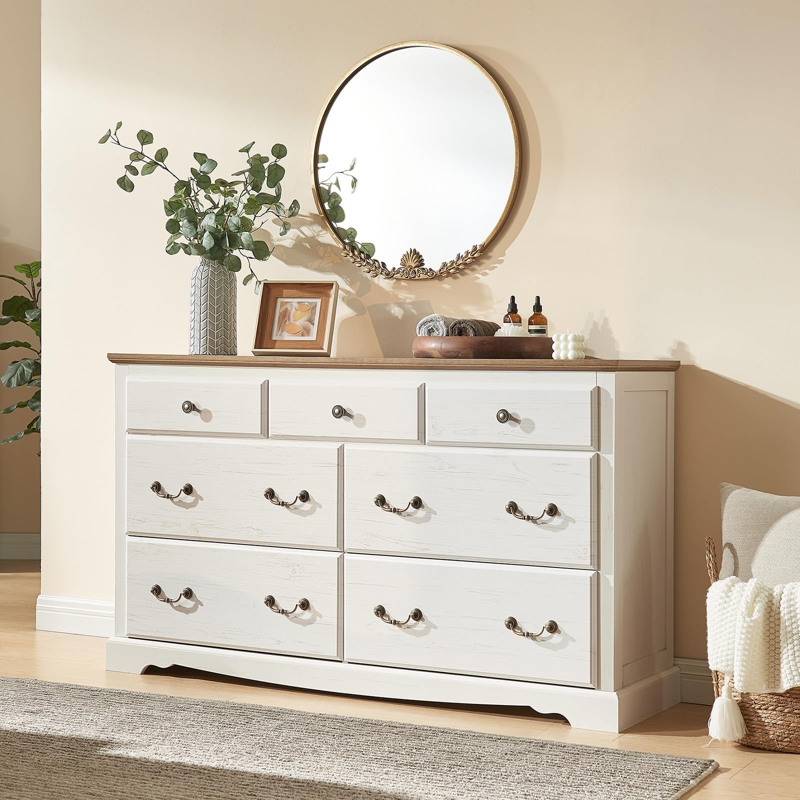 AMERLIFE Farmhouse 3 Pieces Bedroom Sets, Include 54" Wide 7 Drawers Dresser, Nightstand Set of 2 with Charging Station, Rustic Retro Bedroom Furniture Set, White