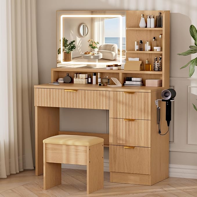Makeup Vanity Desk with LED Mirror & Charging Station