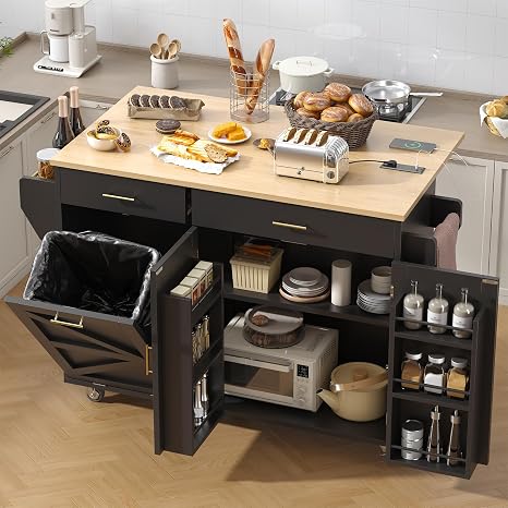Rolling Kitchen Island Cart with Drop Leaf & Trash Can Storage