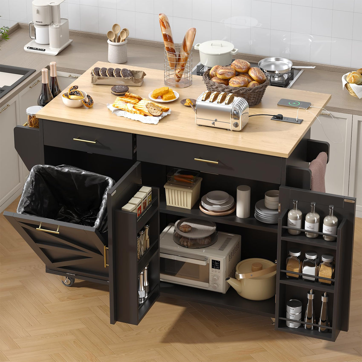 VVFLU 51.8" Kitchen Island Cart with Trash Can Storage, Kitchen Island on Wheels with Power Outlet & Drop Leaf, Rolling Kitchen Cart with Towel Rack & Spice Rack, Mobile Islands Table for Kitchen