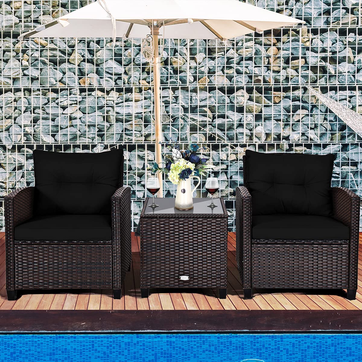 3-Piece Outdoor Rattan Conversation Set with Cushions & Glass Table