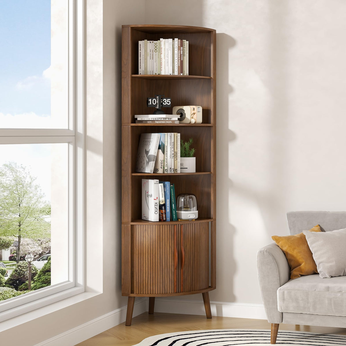 Limaoaio 66'' Tall Corner Bookshelf with 2 Fluted Sliding Doors,Walnut