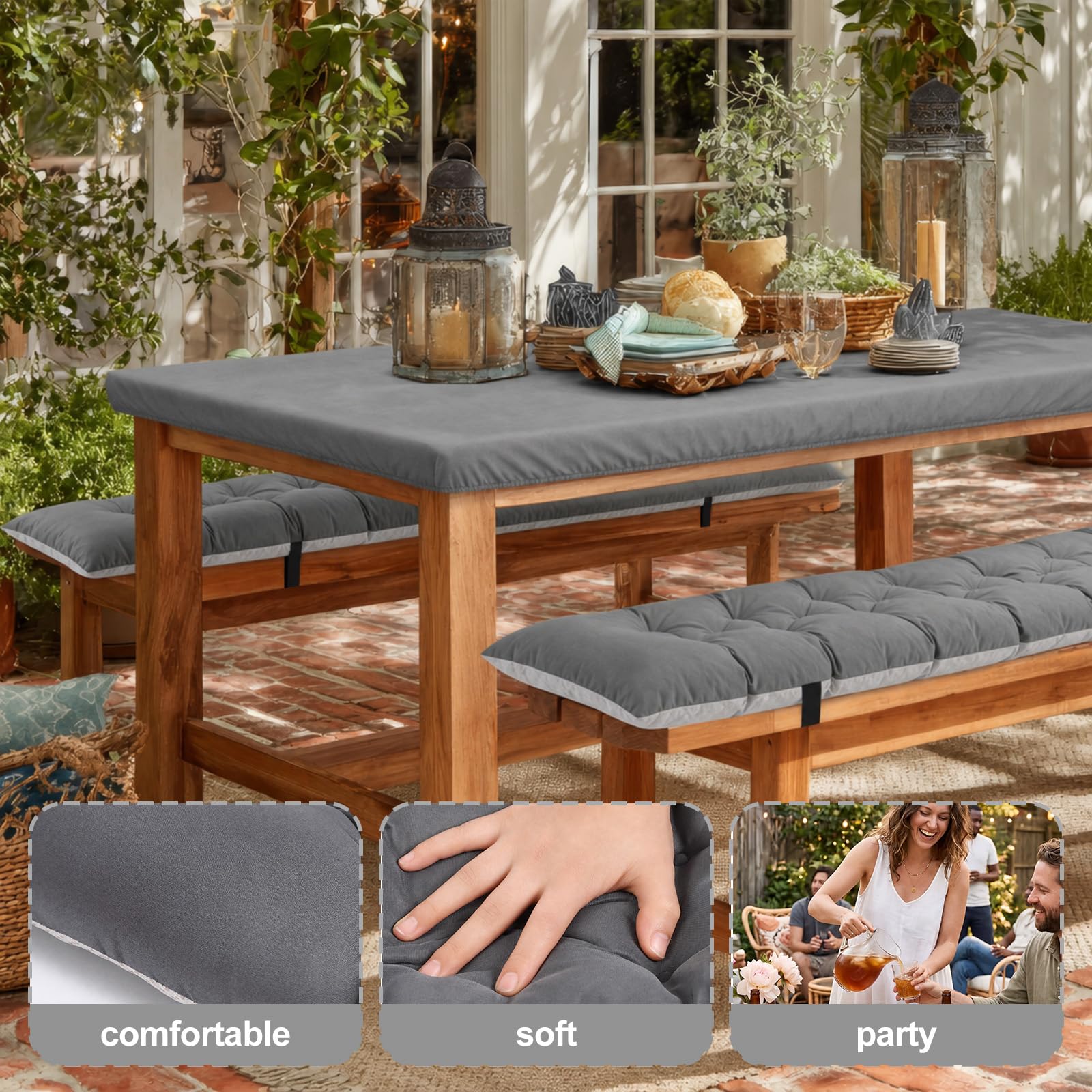 3 Pcs Picnic Bench Cushions with Table Cover Set Outdoor Waterproof Picnic Table Seat Cushion with Straps Buckles 72x10x3 in Elastic Fitted Tablecloths 6ft Rectangle Folding Easy to Carry(Dark Gray)