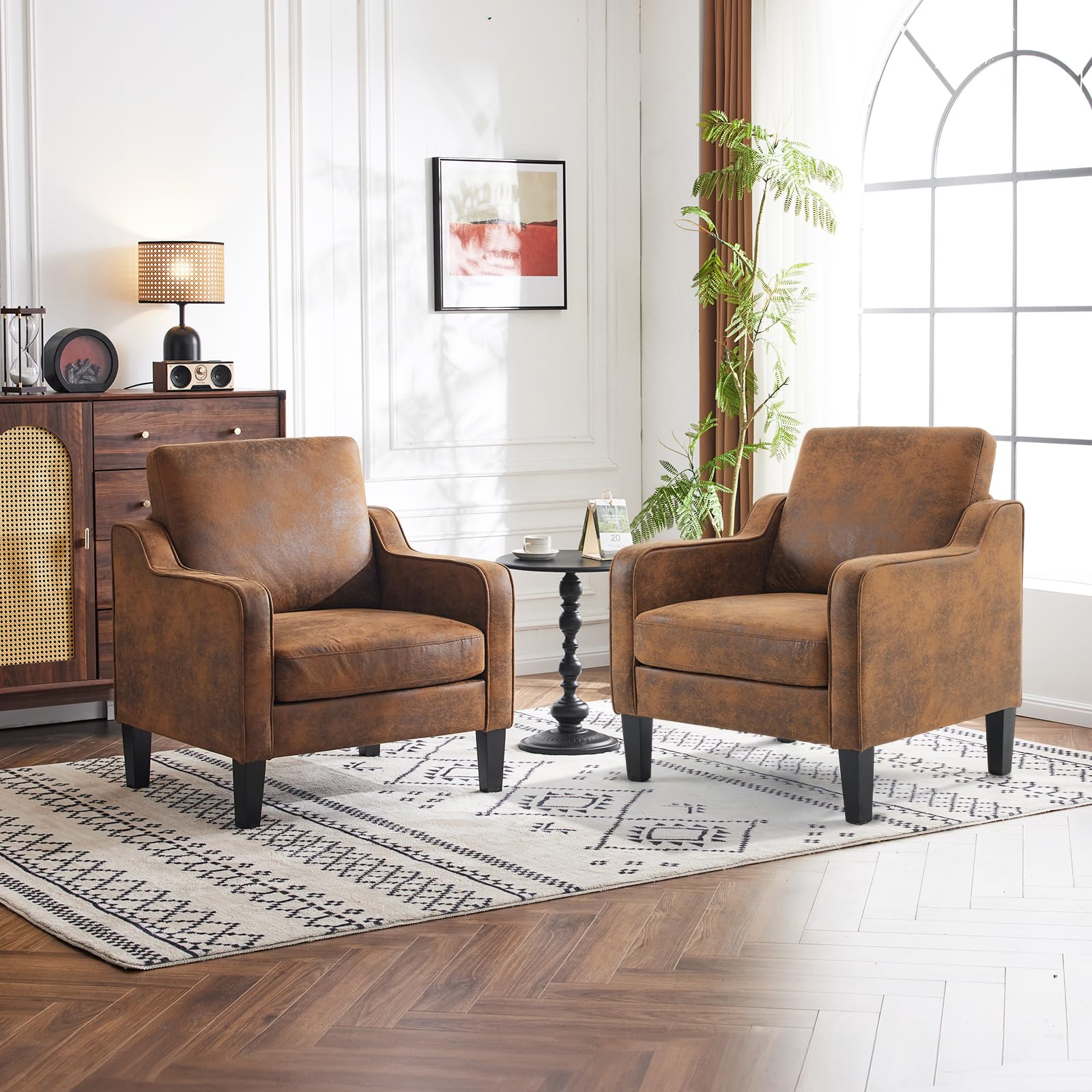 VINGLI Accent Chairs Set of 2 Living Room Chairs Rustic Reading Chair for Bedroom Scooped Arm Chair Mid Century Modern Accent Chairs Upholstered Comfy Chair for Apartment, Waiting Room
