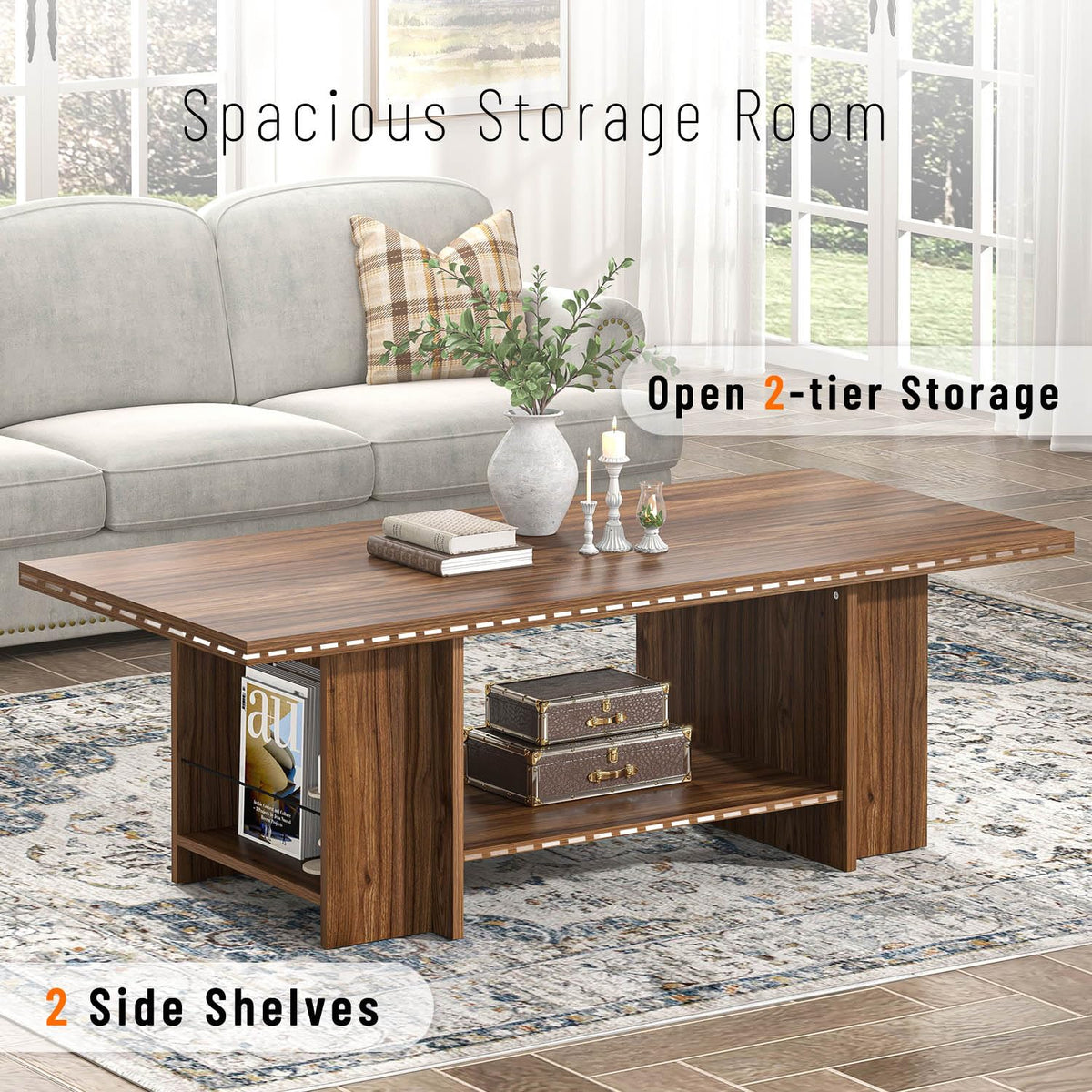 FOLUBAN Coffee Table, Modern Wood Living Room Table with Storage Bottom Shelf & Side Shelves, Rectangle Center Table Cocktail Tea Table for Home Office, Rustic Walnut, 47 Inch