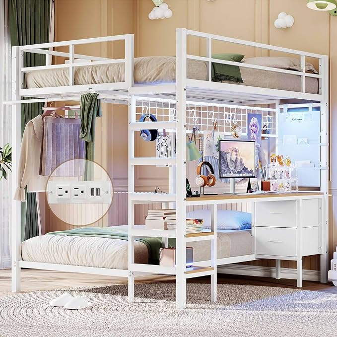 Triple Bunk Bed with Storage Drawers and Charging Station