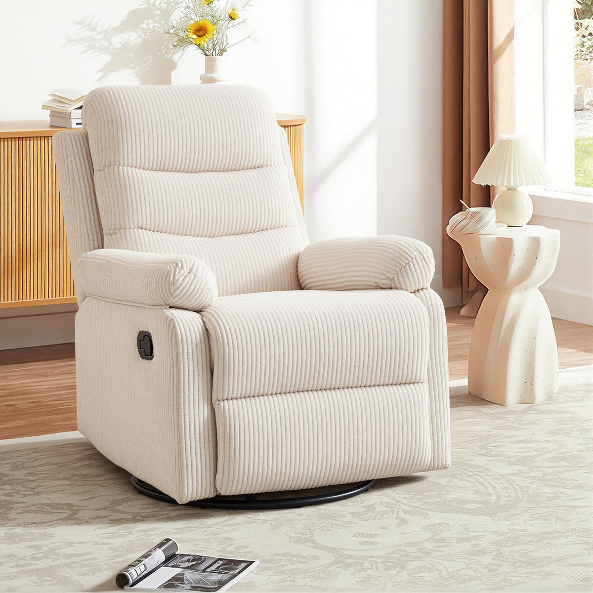 GAOHAPY Rocking Recliner Chair,Modern Swivel Glider Recliner Chair,Corduroy Fabric Upholstery Recliner,Manual Reclining Sofa Chair for Living Room,Office,Apartment (Beige)
