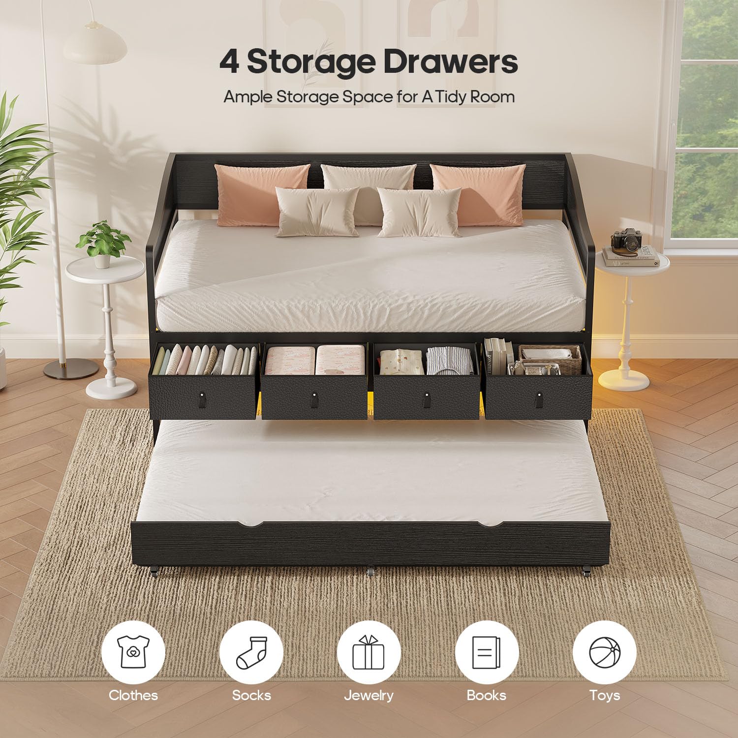 ADORNEVE Twin Daybed with Trundle, Metal Trundle Bed Twin with 4 Storage Drawers and LED Light, Sofa Day Bed Frame with Strong Supports for Living Room, Bedroom and Guest Room, Black