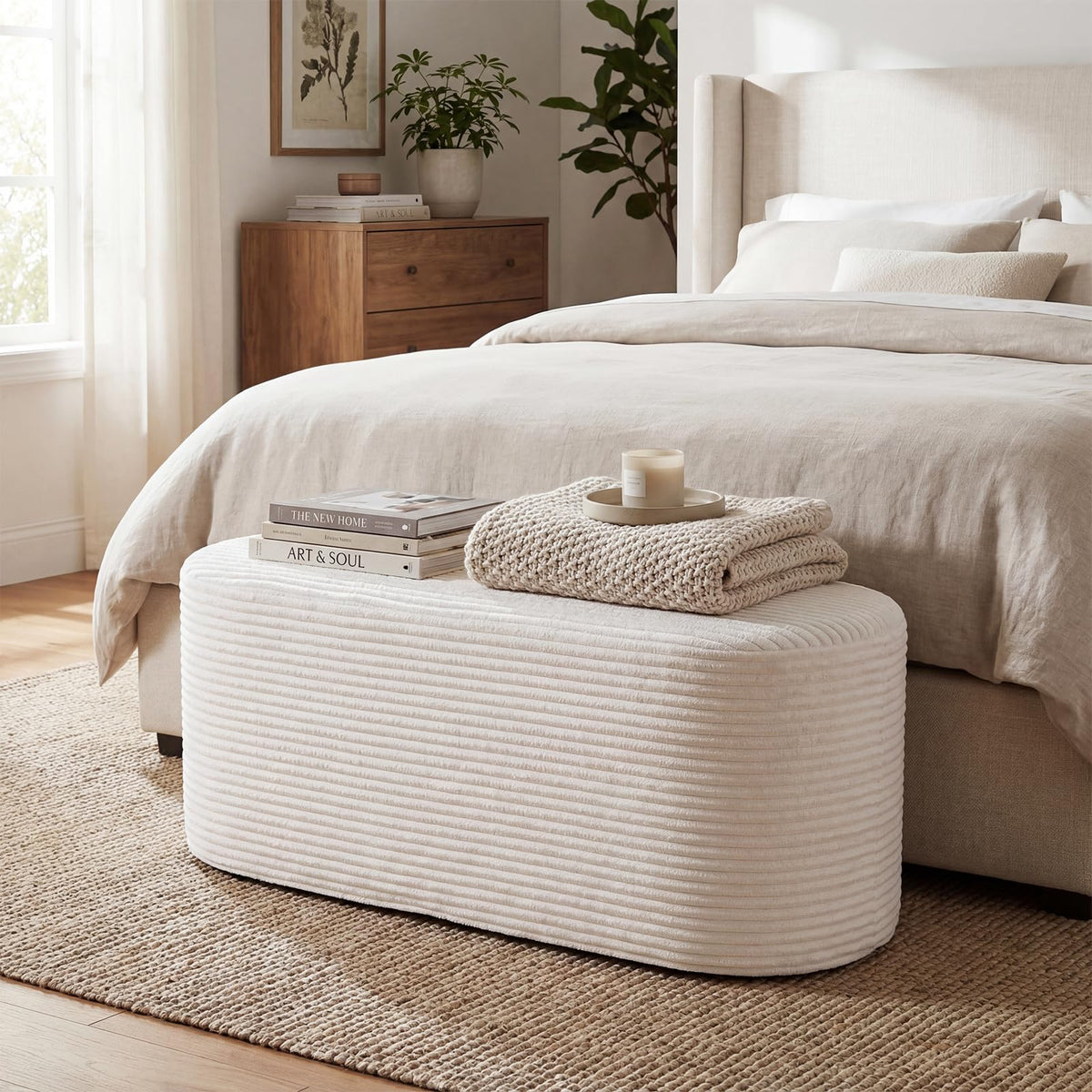 GIANTEX Stuffed Pouf Ottoman Bench, 47" Plush Corduroy End of Bed Bench with High-Density Sponge, Oval Ottoman Foot Rest for Living Room, Entryway, Hallway, Beige