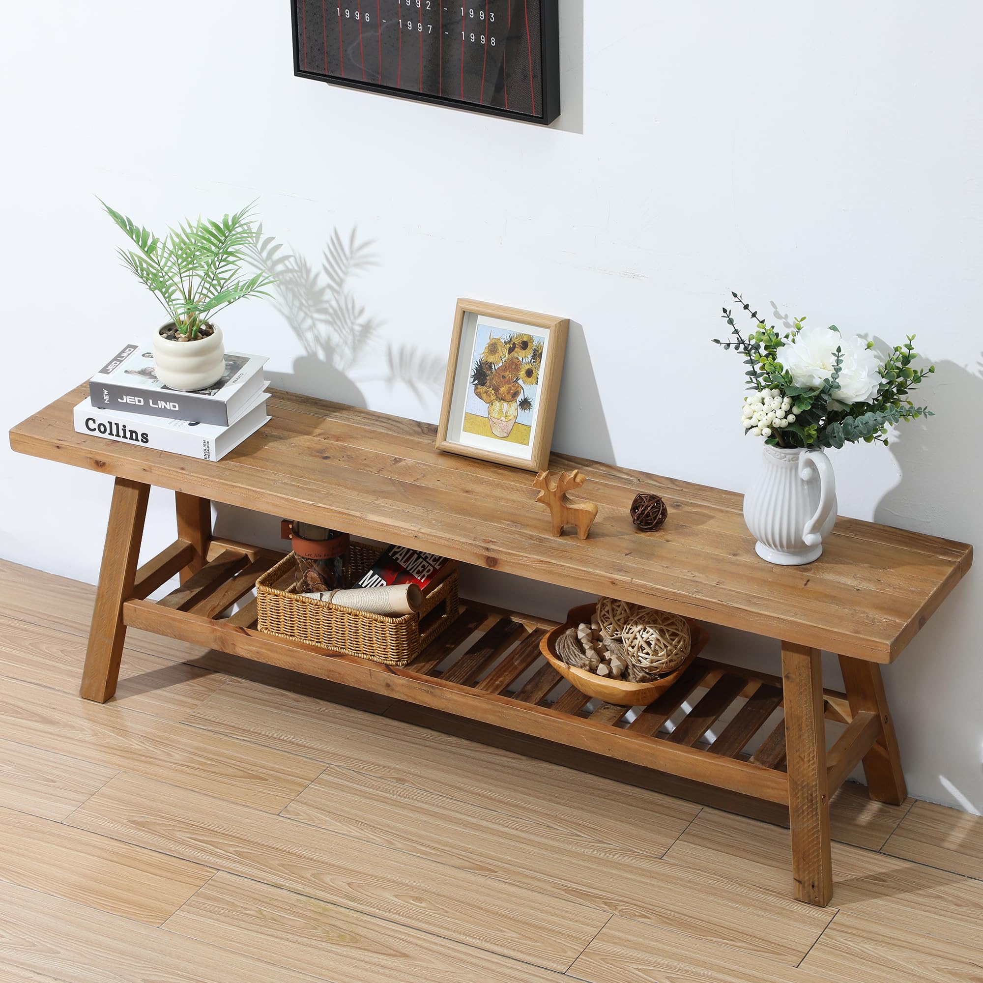 Reclaimed Wood Entryway Bench with Storage Shelf