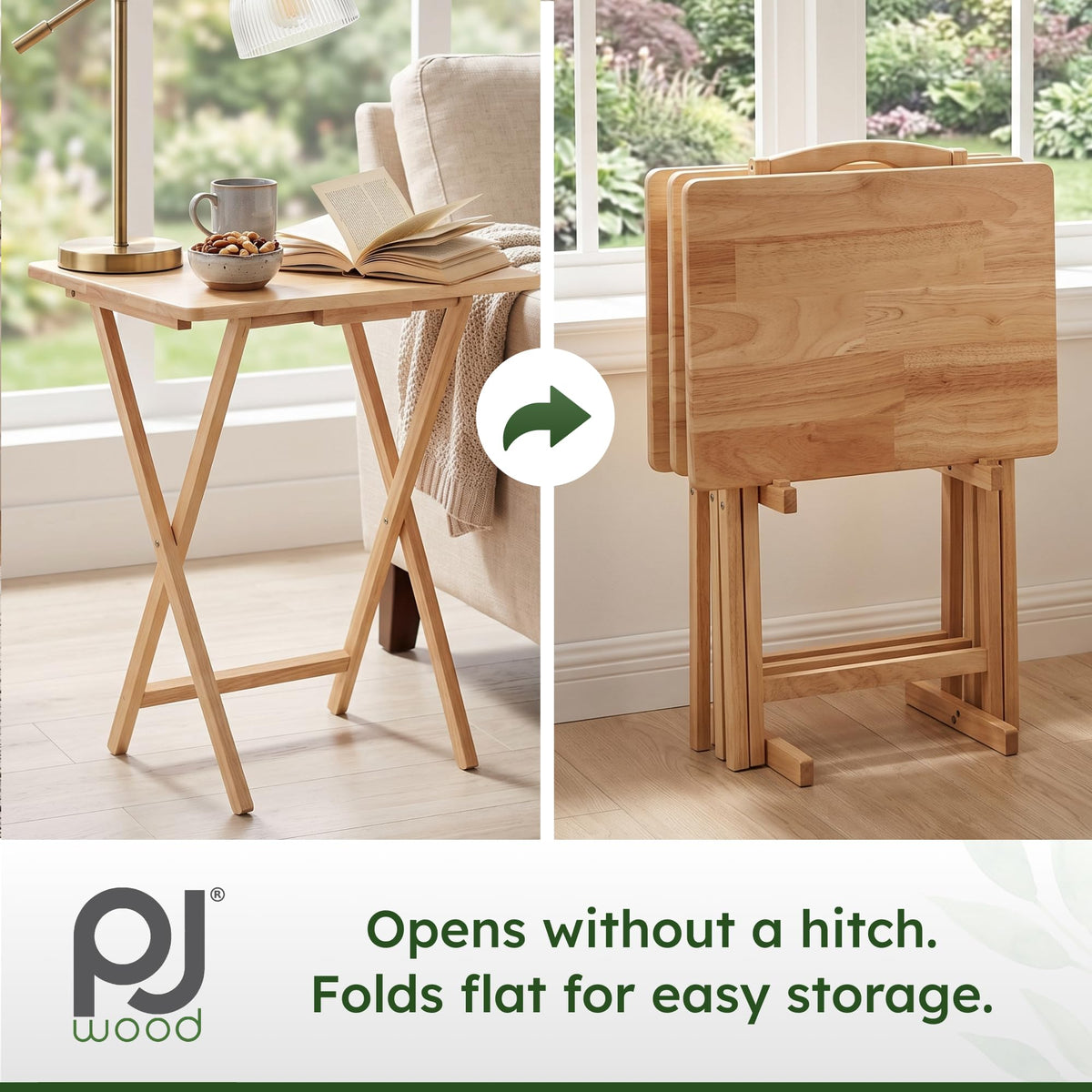 PJ Wood - 5-Pack Folding TV Tray Tables - Wooden Set with Storage Rack