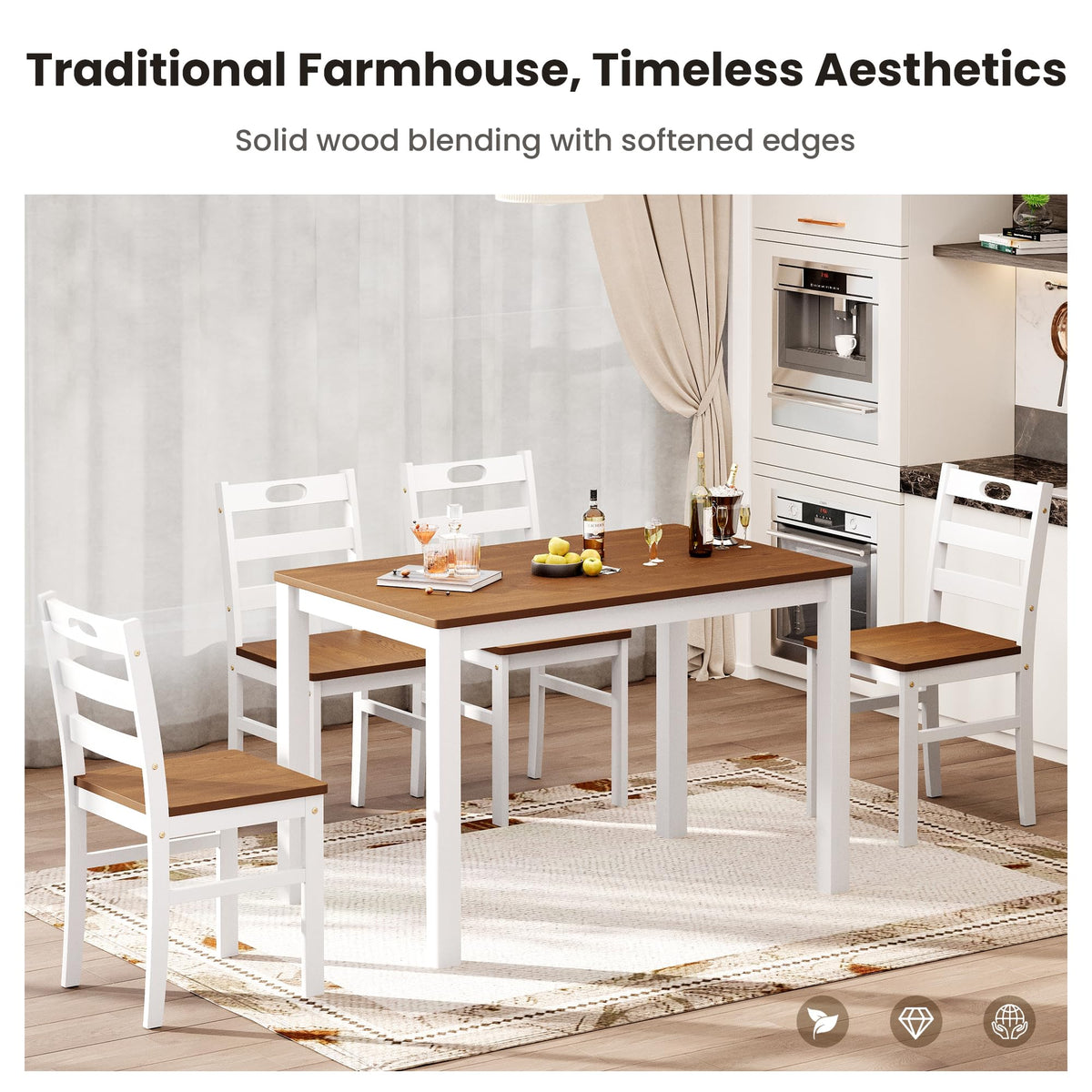 PHI VILLA Dining Table Set for 4, Solid Wood Kitchen Table and Chairs