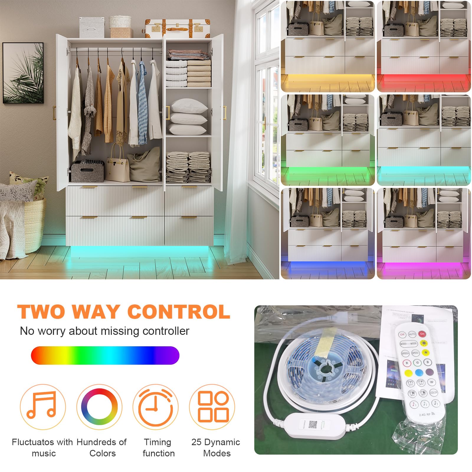 3-Door Wardrobe Closet with Mirror & LED Lights