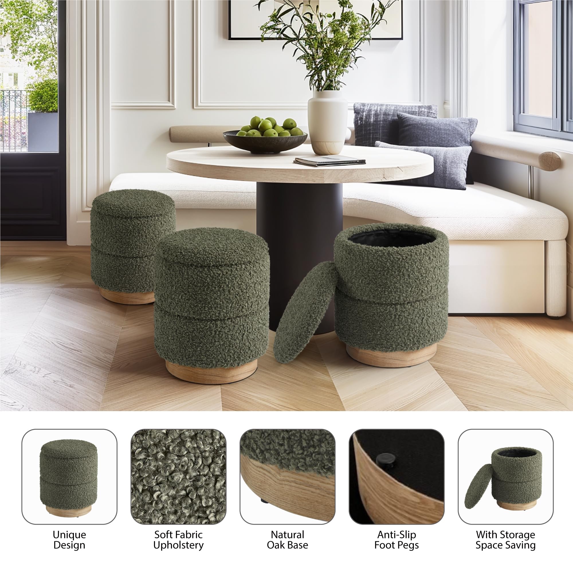 Round Storage Ottoman with Boucle Fabric
