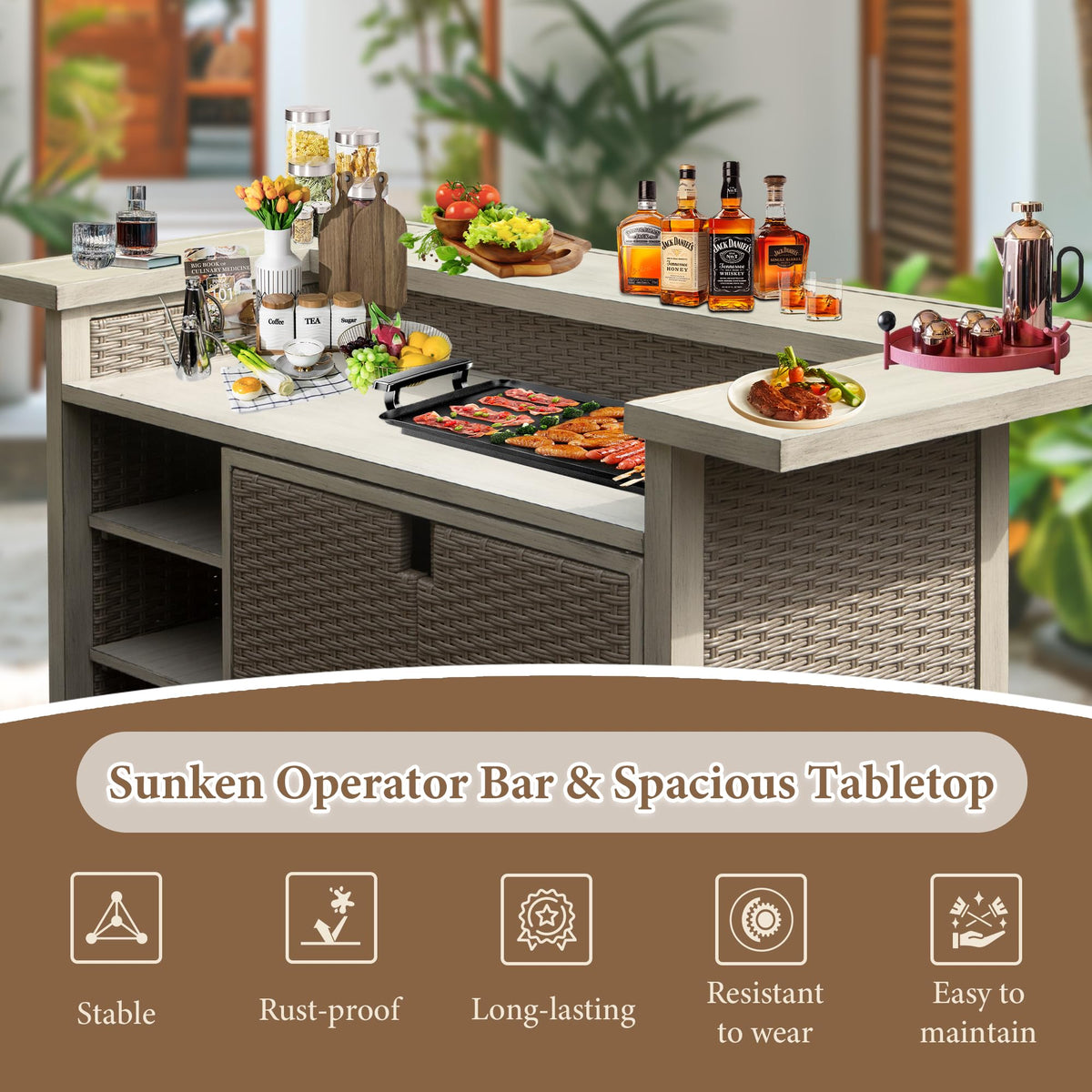Outdoor Wicker Bar Table with Storage