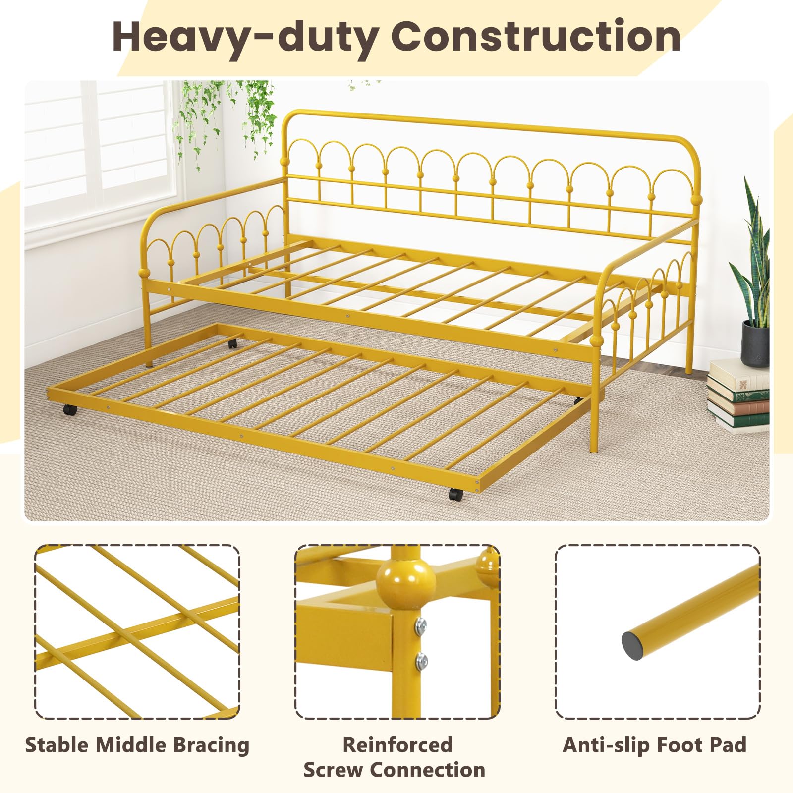 Giantex Twin Daybed with Trundle Gold, Metal Day Bed with Convenient Pull-Out Trundle Bed, Metal Slats, Lockable Universal Wheels, 2-in-1 Daybed Bed Frame for Guest Room, Living Room, Bedroom