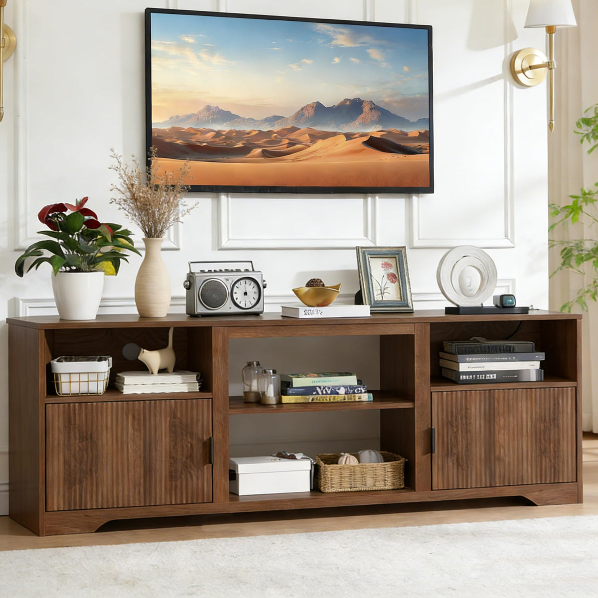 Fluted TV Stand for Tvs up to 80" with Adjustable Shelf Charging Station