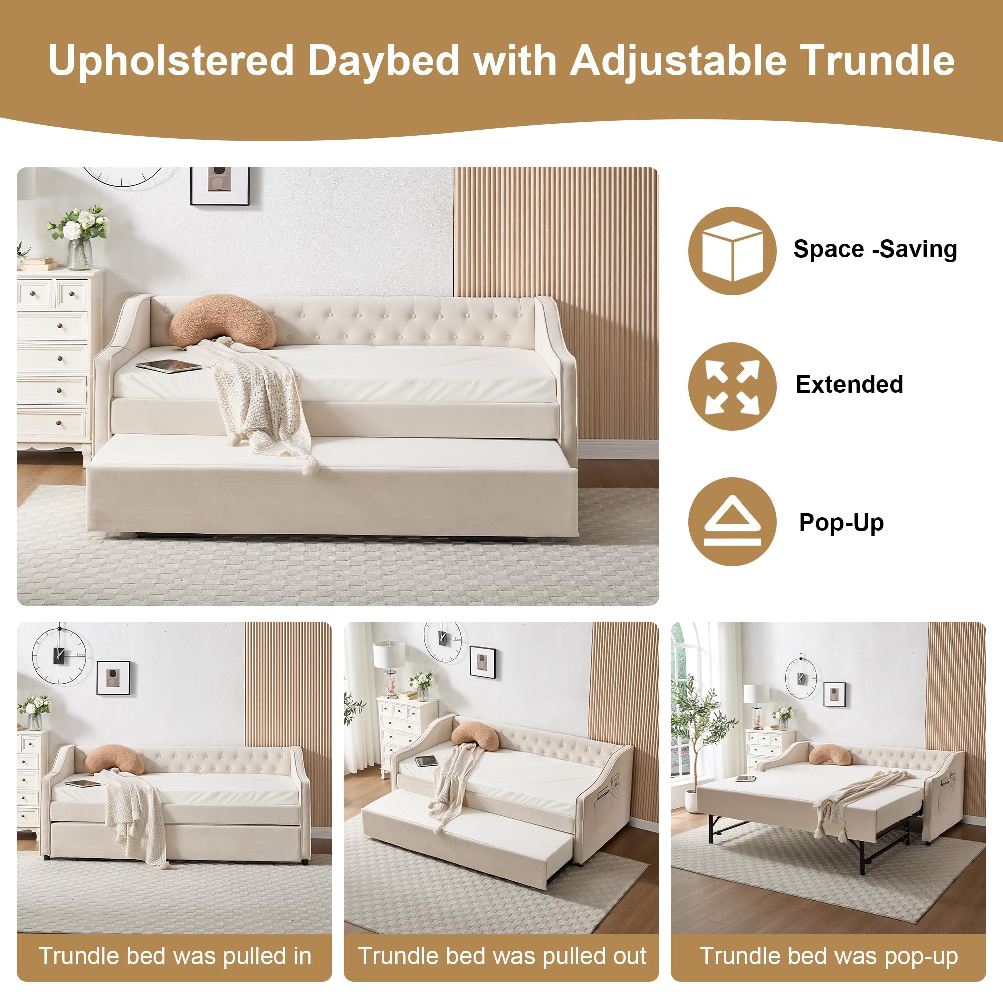 Velvet Daybed with Pop-Up Trundle & USB Ports – Twin