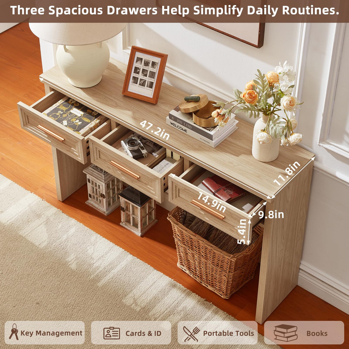 RWYHG 47" Entryway Table with 3 Drawers, Modern Wood Console Table, Natural