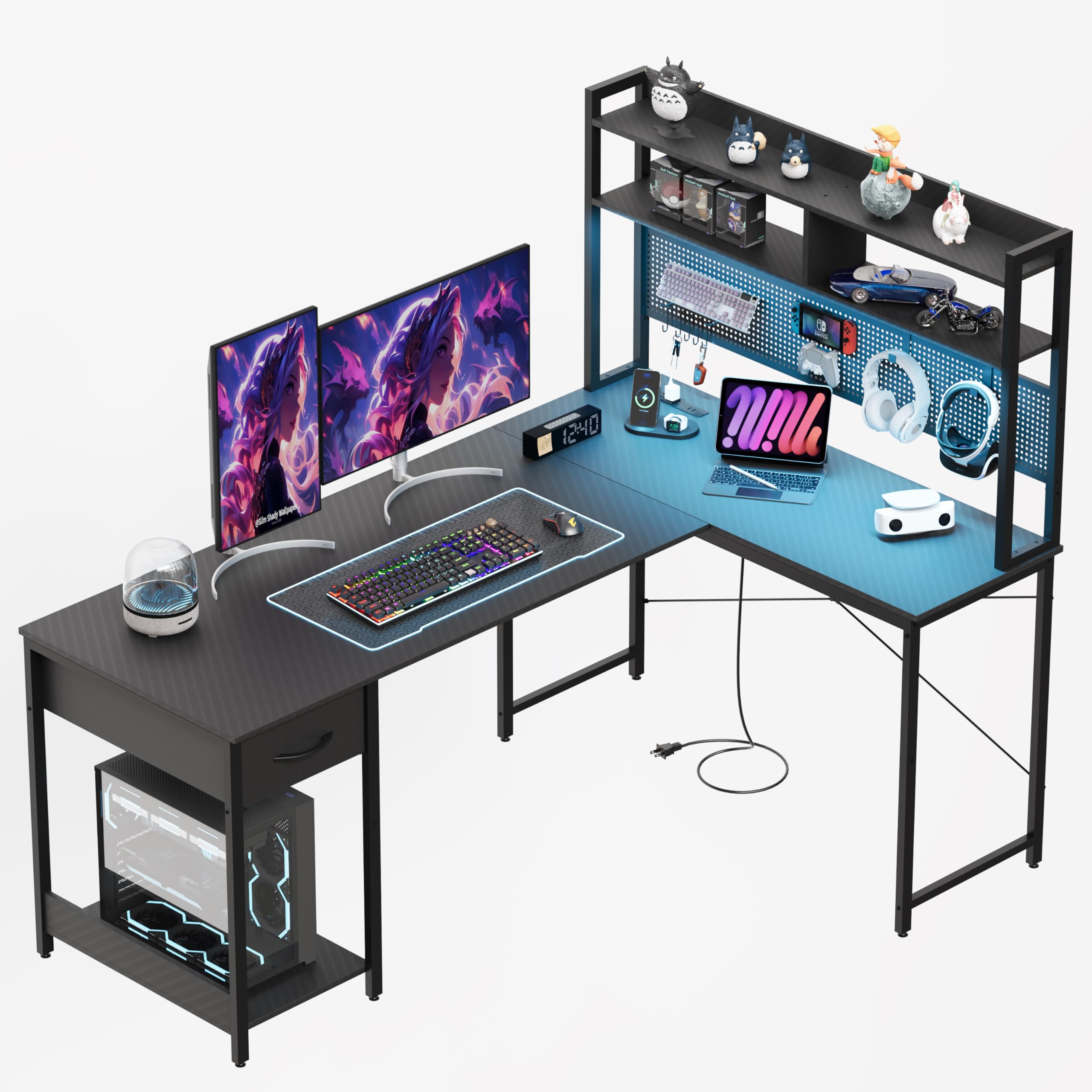 L-Shaped Gaming Desk with RGB LED & USB Charging