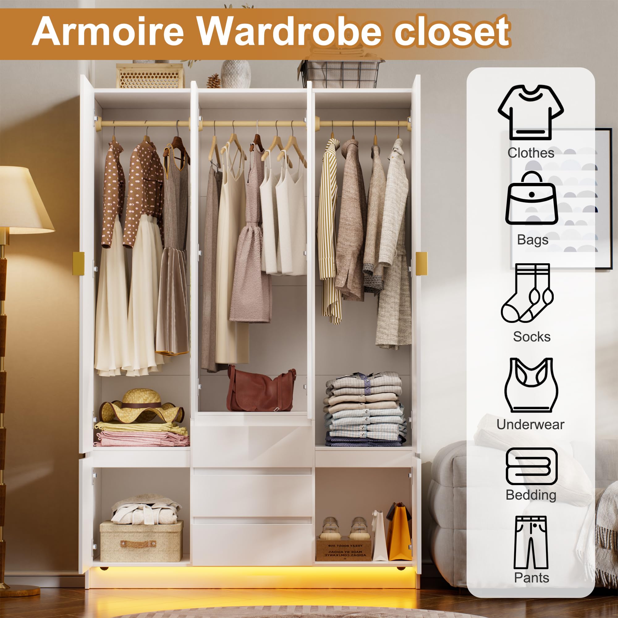 4-Door Wardrobe with LED Light & Mirror