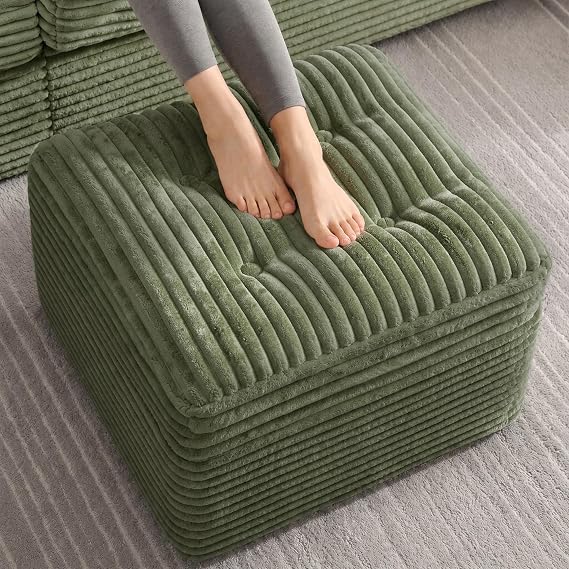 Corduroy Pouf Ottoman with Dual-Layer Support