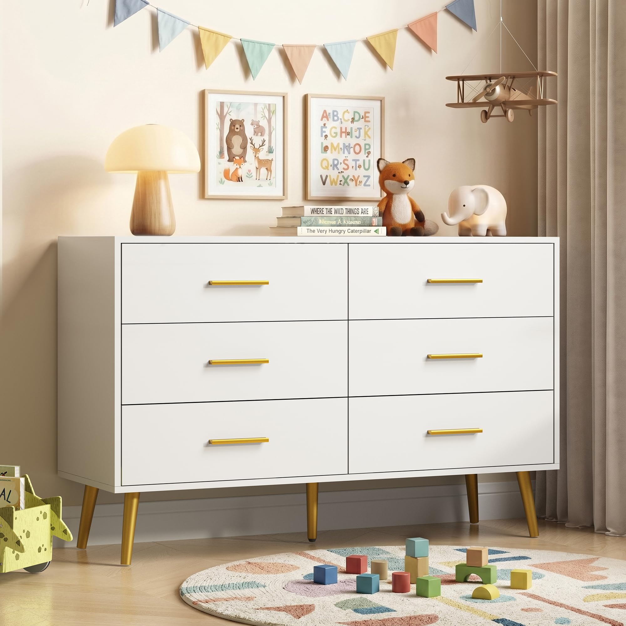 CARPETNAL White Dresser for Bedroom, 6 Drawer Dresser with Wide Drawers and Gold Metal Handles, 47” Wood Dressers & Chests of Drawers for Hallway, Entryway.