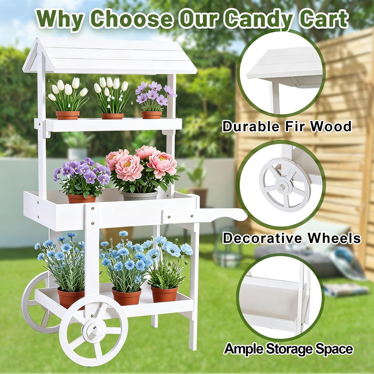 RUFXIEZW 49IN Flower Cart Display Stand, Wheels, Farm Stand Outdoor, White