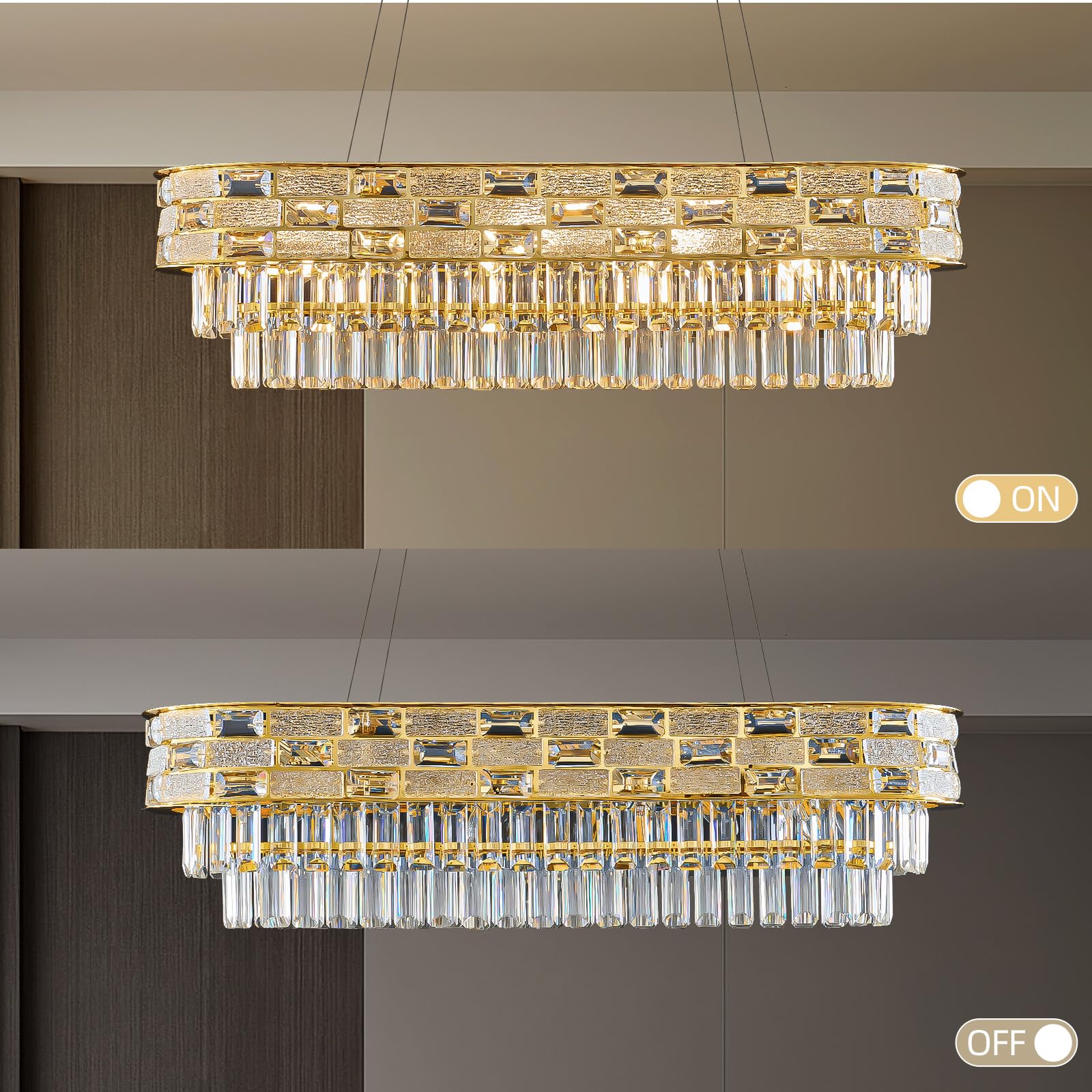 Large Oval K9 Crystal Chandelier - Luxury Modern 3 Tier Linear Crystals Chandeliers - 15 Lights Brushed Gold Pendant Light Fixture for Dining Room Kitchen Island Entryway Bar Living Room - L34.3 Inch