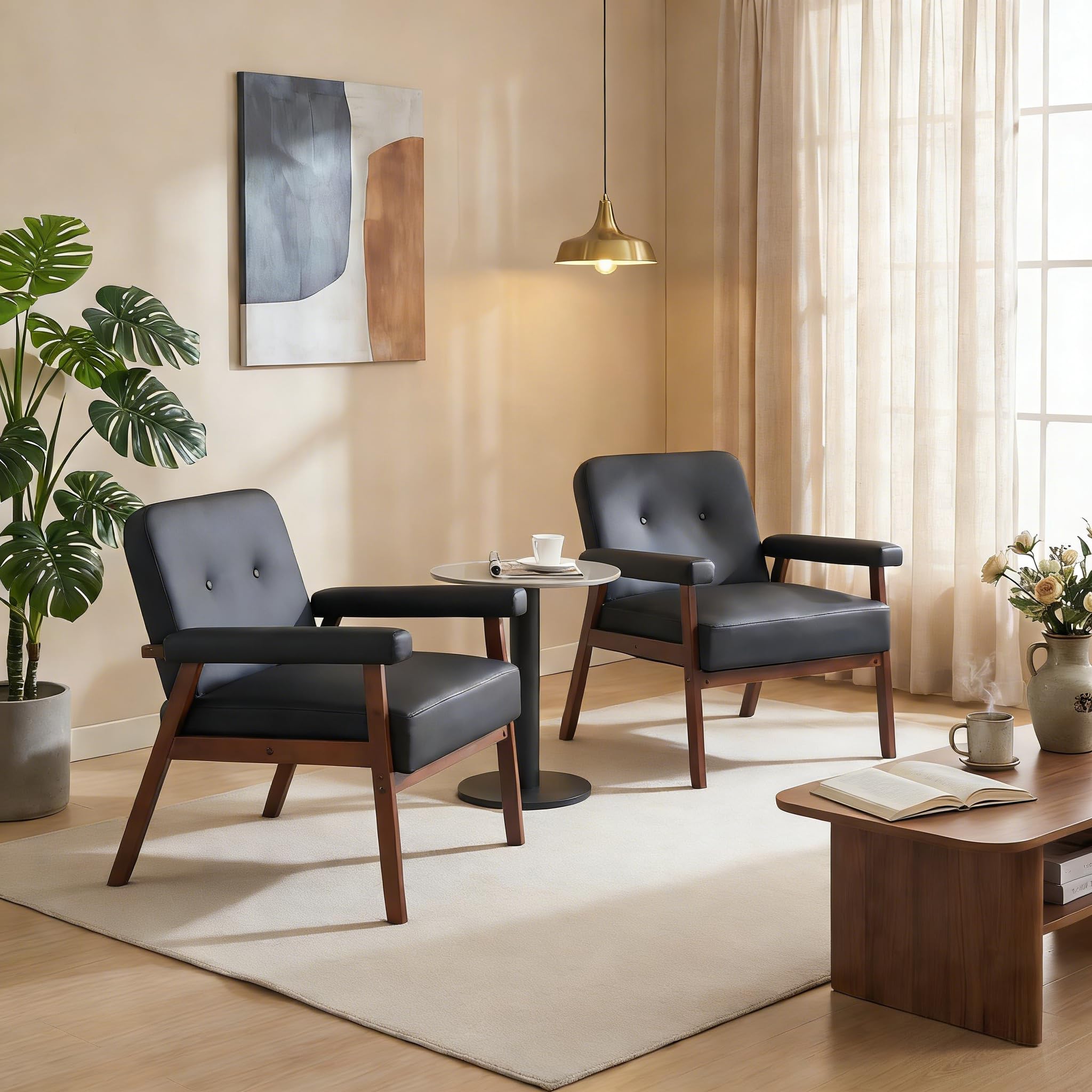 STHOUYN Accent Chairs Set of 2, Black Leather Chair with Wood Frame, Upholstered Tufted Reading Arm Chair, Mid-Century Modern Comfy Living Room Chair, Side Chairs for Living Room, Waiting Room (2)