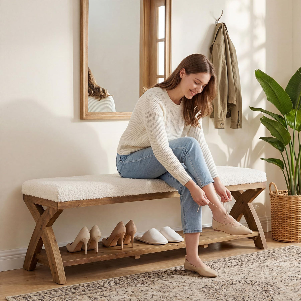 Upholstered Wood Shoe Storage Bench