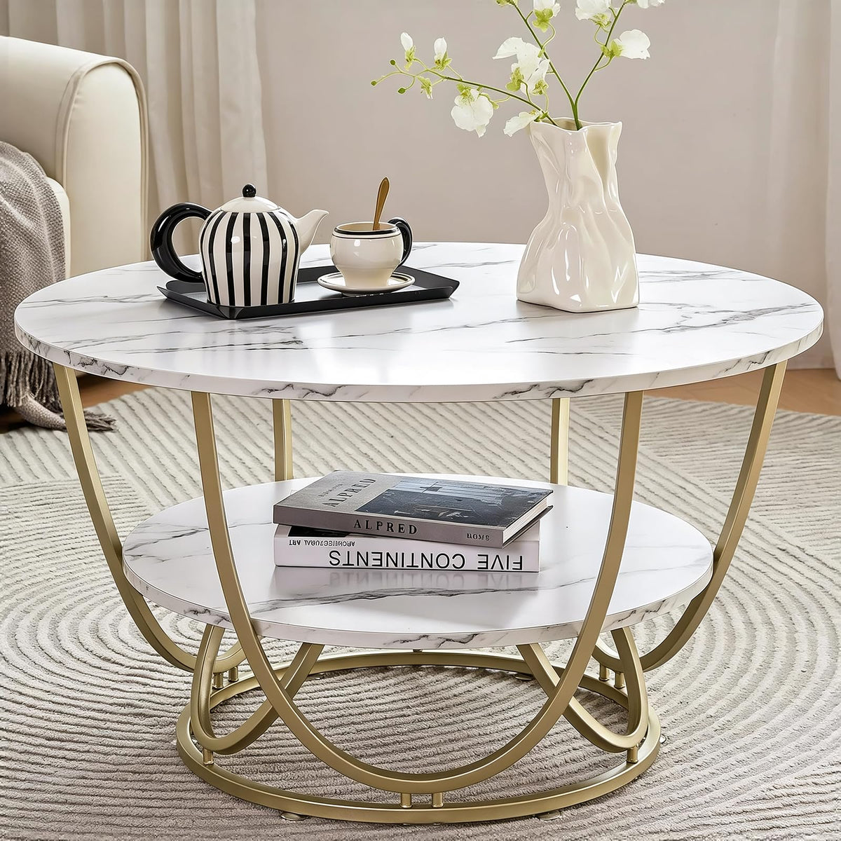 Round Marble-Look Storage Coffee Table